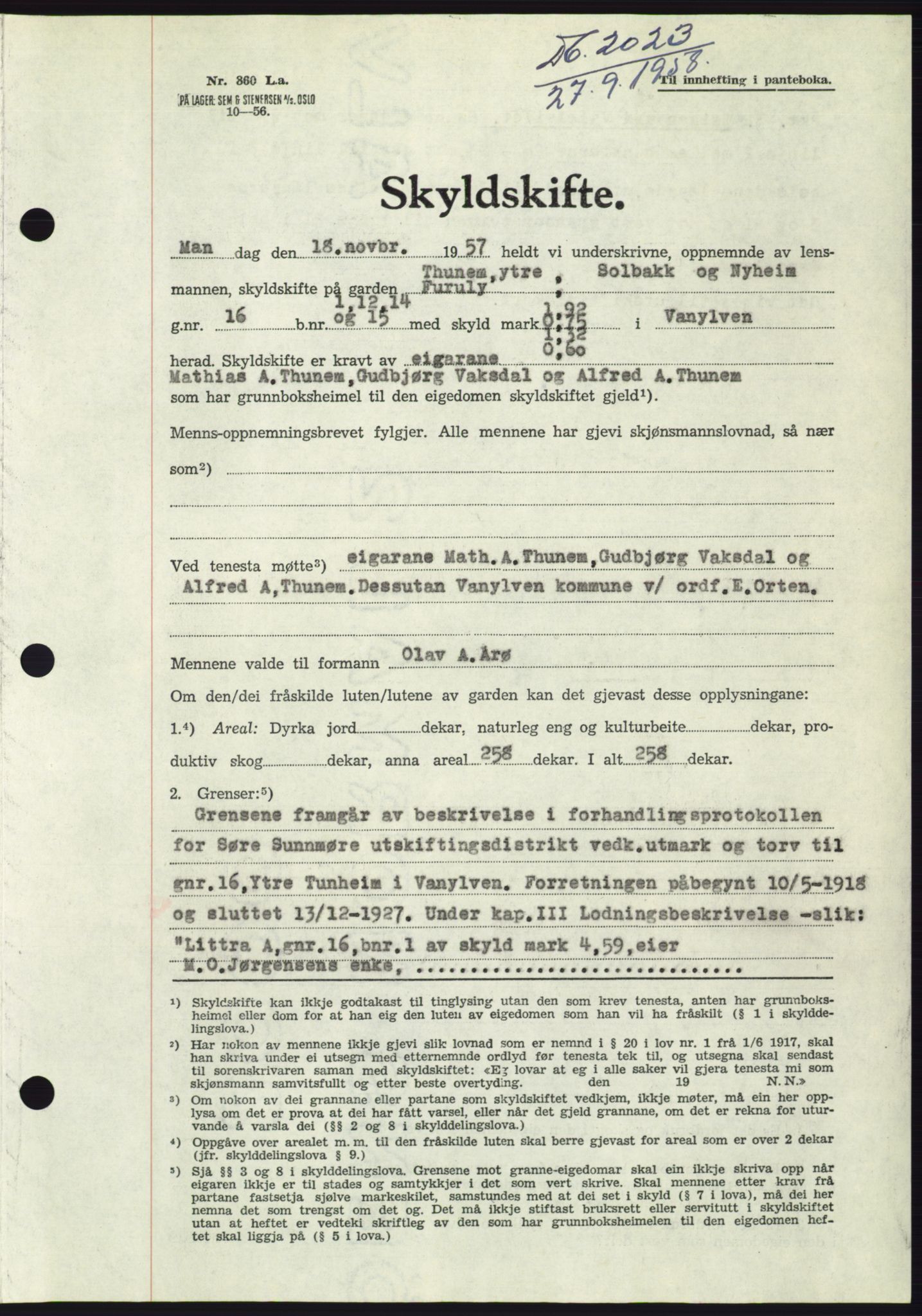Søre Sunnmøre sorenskriveri, AV/SAT-A-4122/1/2/2C/L0110: Pantebok nr. 36A, 1958-1958, Dagboknr: 2023/1958