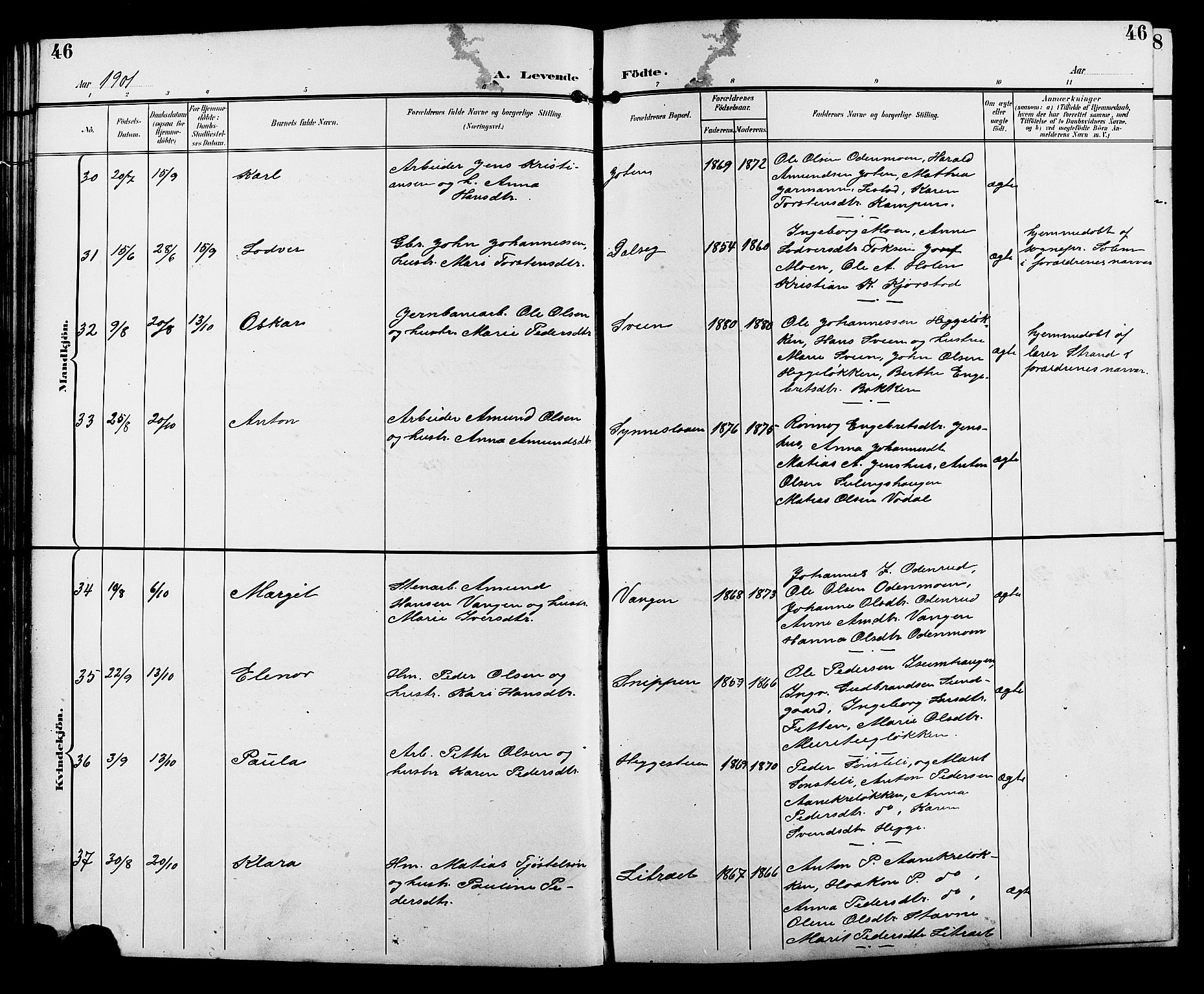 Sør-Fron prestekontor, AV/SAH-PREST-010/H/Ha/Hab/L0004: Klokkerbok nr. 4, 1896-1911, s. 46