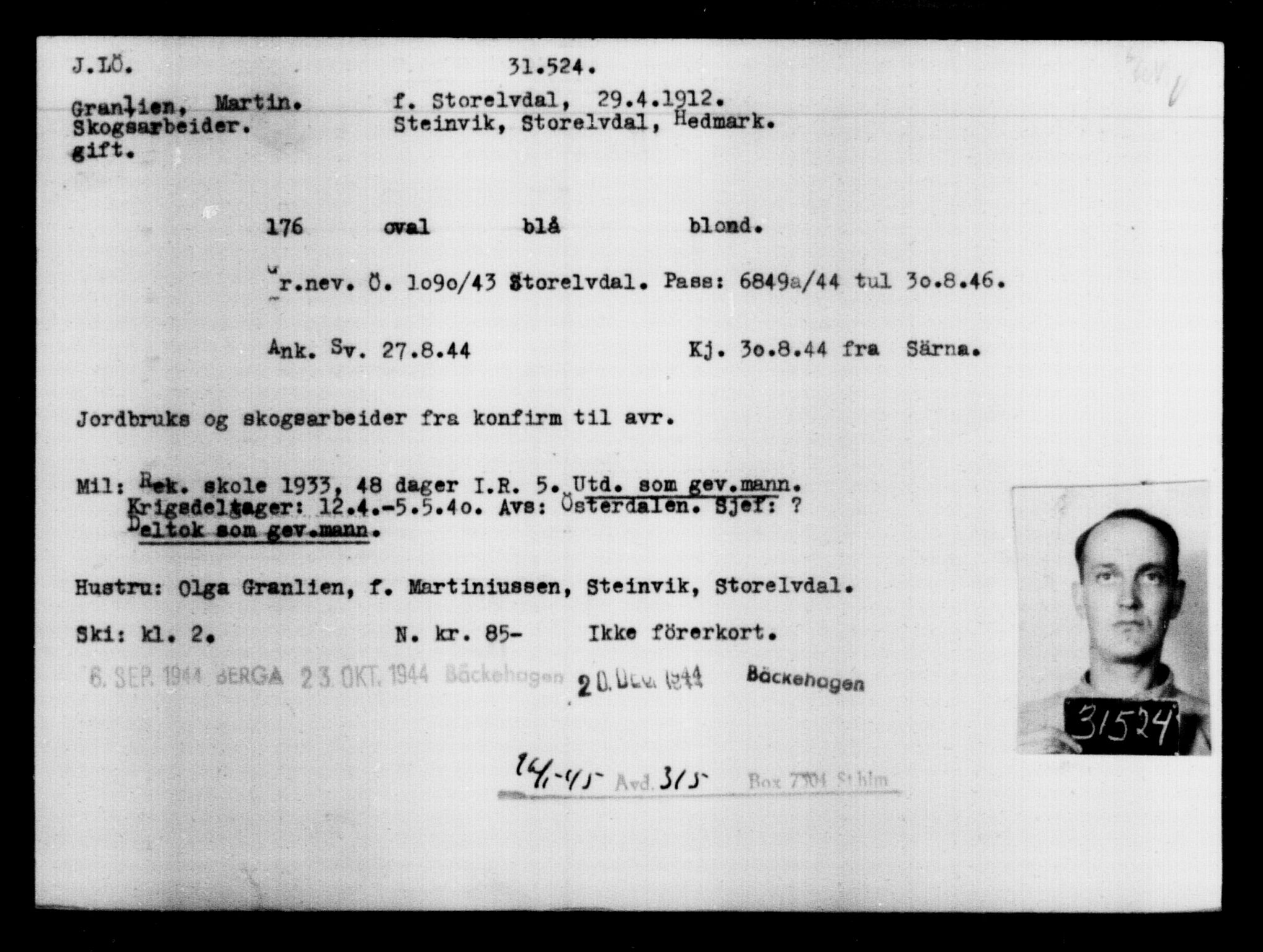 Den Kgl. Norske Legasjons Flyktningskontor, AV/RA-S-6753/V/Va/L0013: Kjesäterkartoteket.  Flyktningenr. 31500-34731, 1940-1945, s. 27
