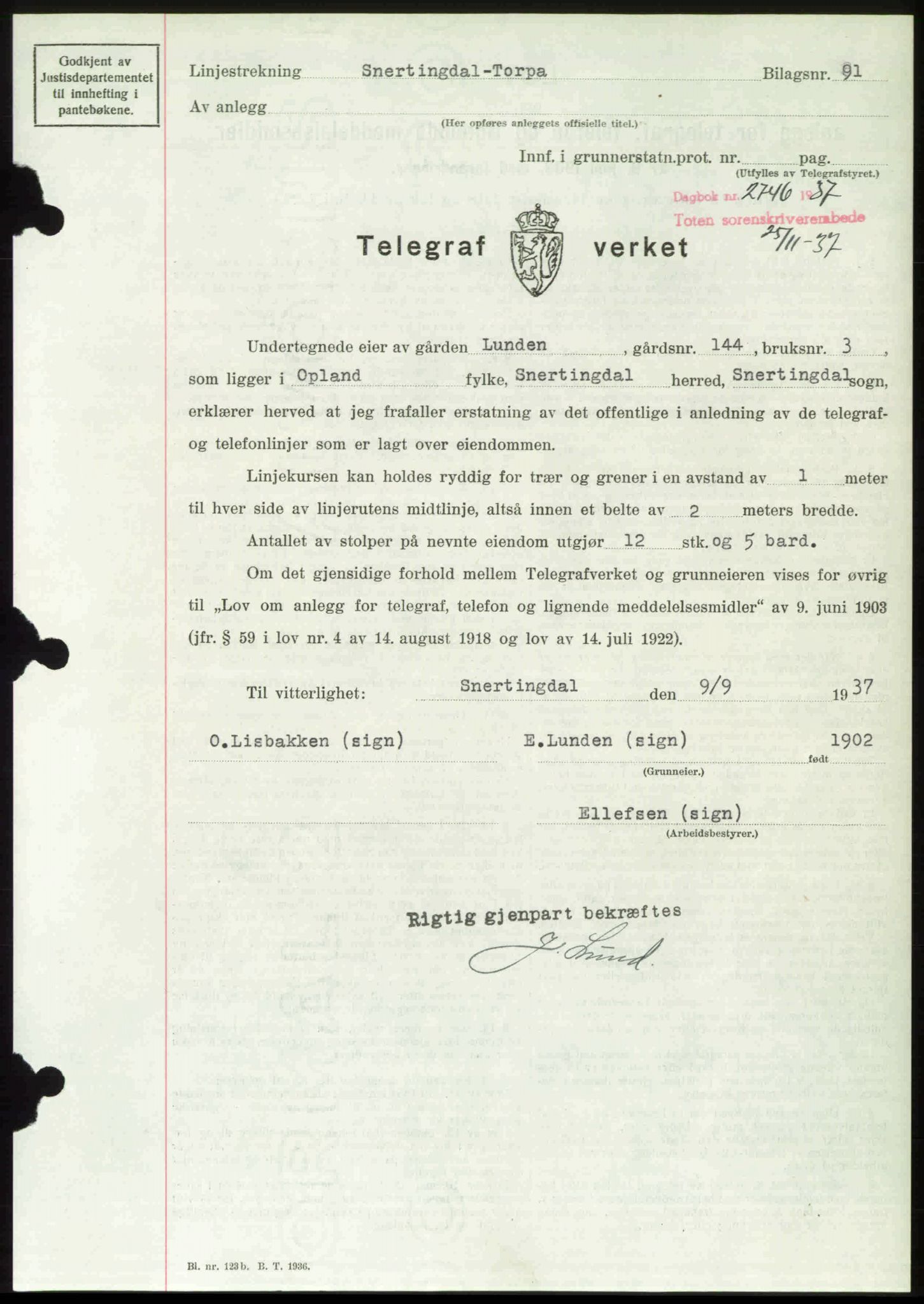 Toten tingrett, SAH/TING-006/H/Hb/Hbc/L0003: Pantebok nr. Hbc-03, 1937-1938, Dagboknr: 2746/1937