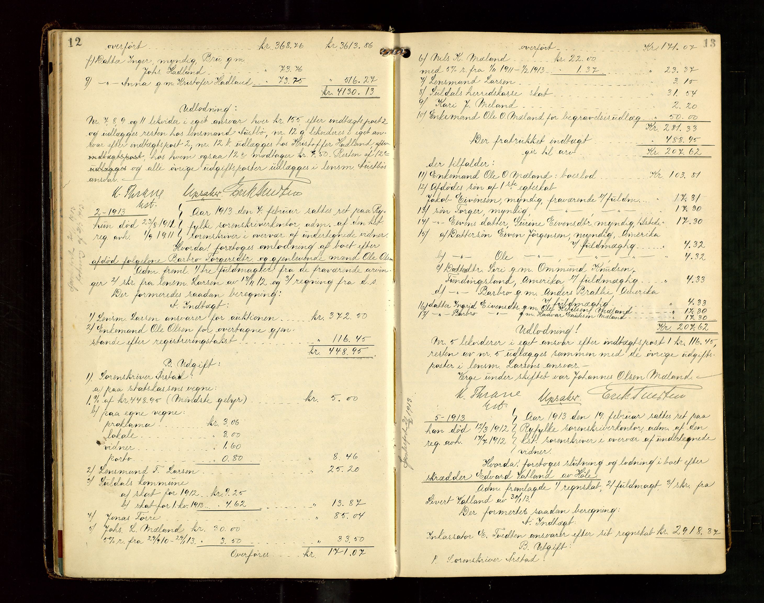 Ryfylke tingrett, AV/SAST-A-100055/001/IV/IVG/L0004: Skifteutlodningsprotokoll Med register, 1912-1918, s. 12-13