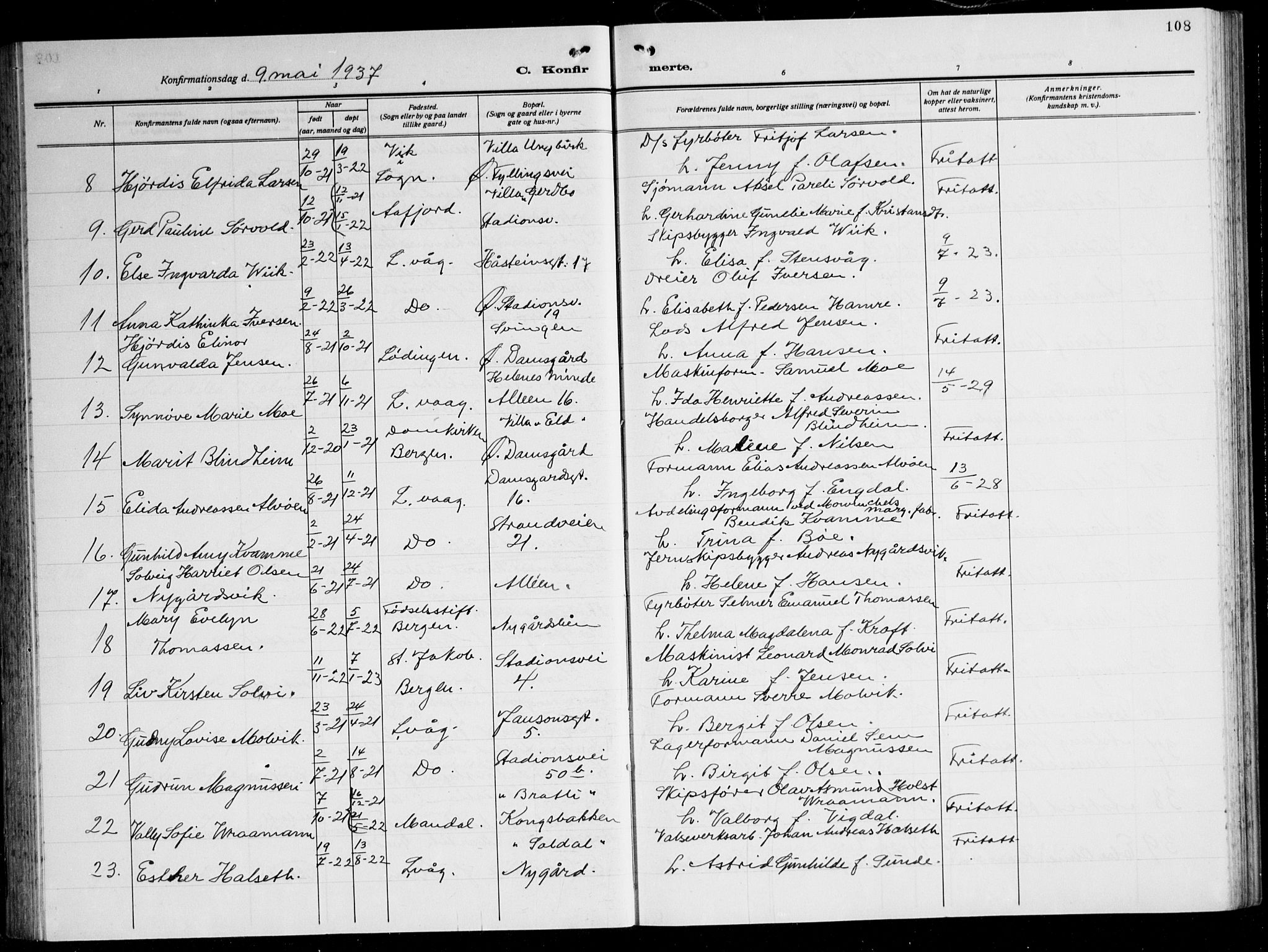 Laksevåg Sokneprestembete, AV/SAB-A-76501/H/Ha/Hab/Haba: Klokkerbok nr. A 10, 1925-1942, s. 108