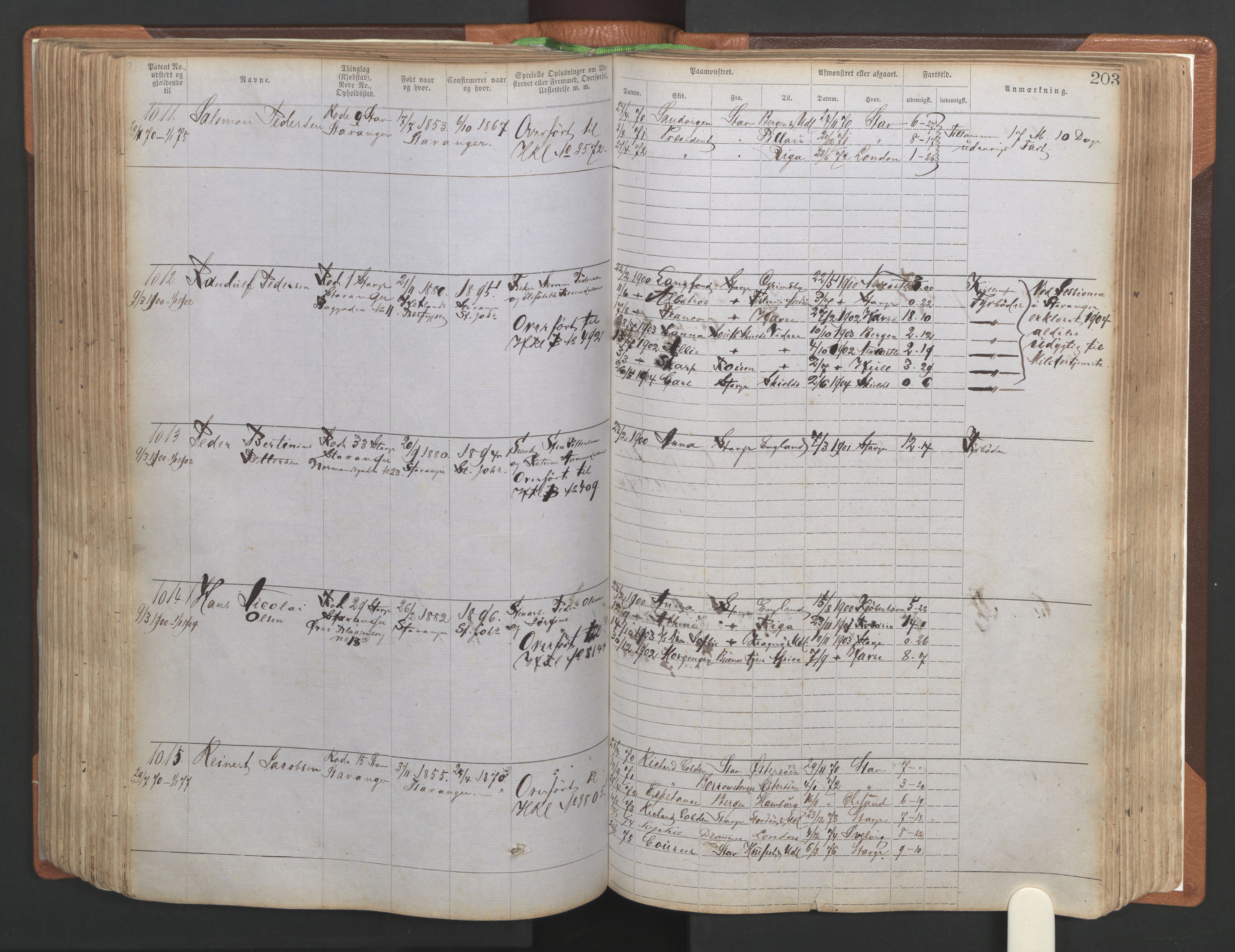 Stavanger sjømannskontor, AV/SAST-A-102006/F/Ff/L0004: Annotasjonsrulle No. 1, patentnr. 1-1785 (del 1), 1869-1900, s. 207