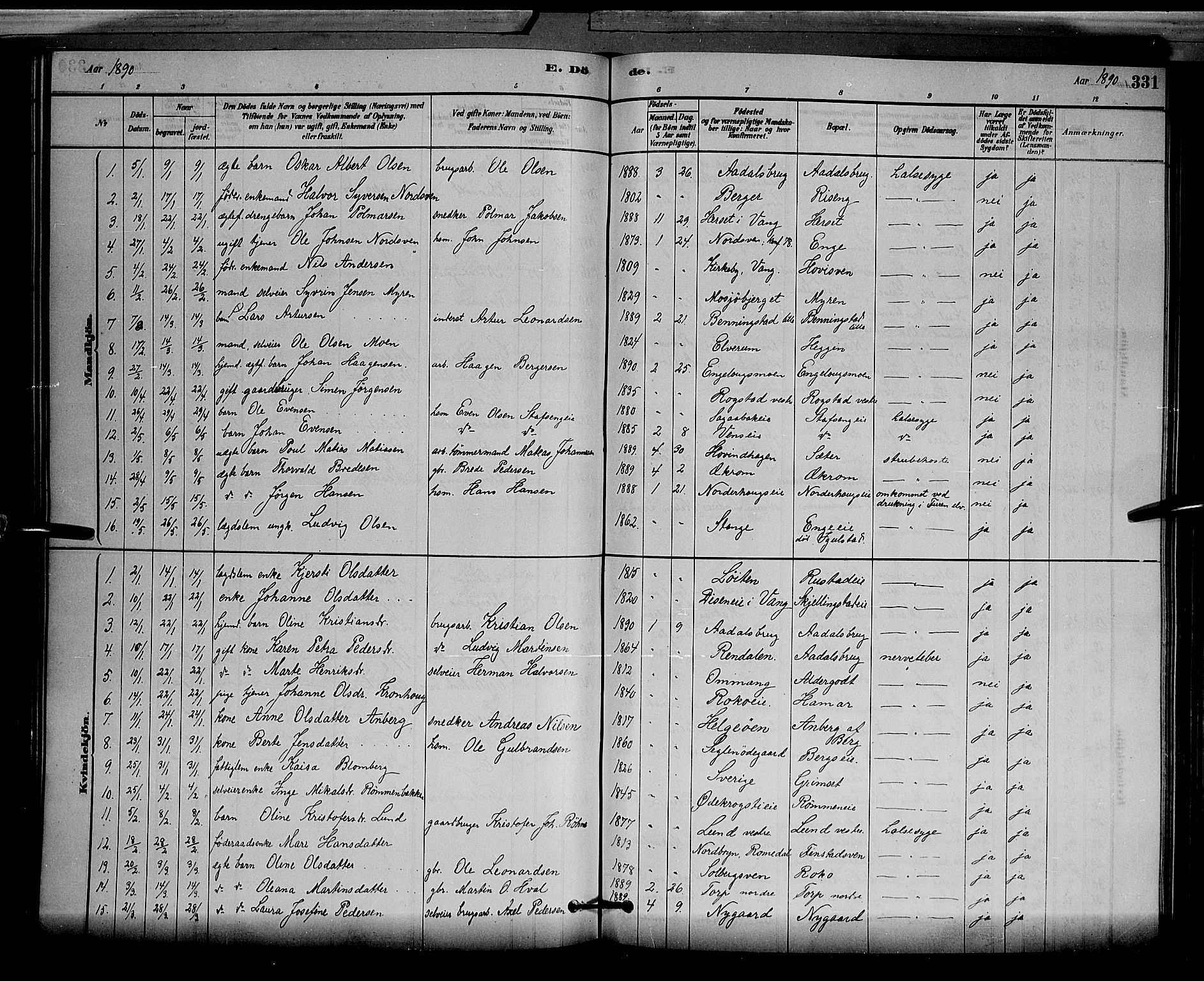 Løten prestekontor, AV/SAH-PREST-022/L/La/L0005: Klokkerbok nr. 5, 1878-1891, s. 331