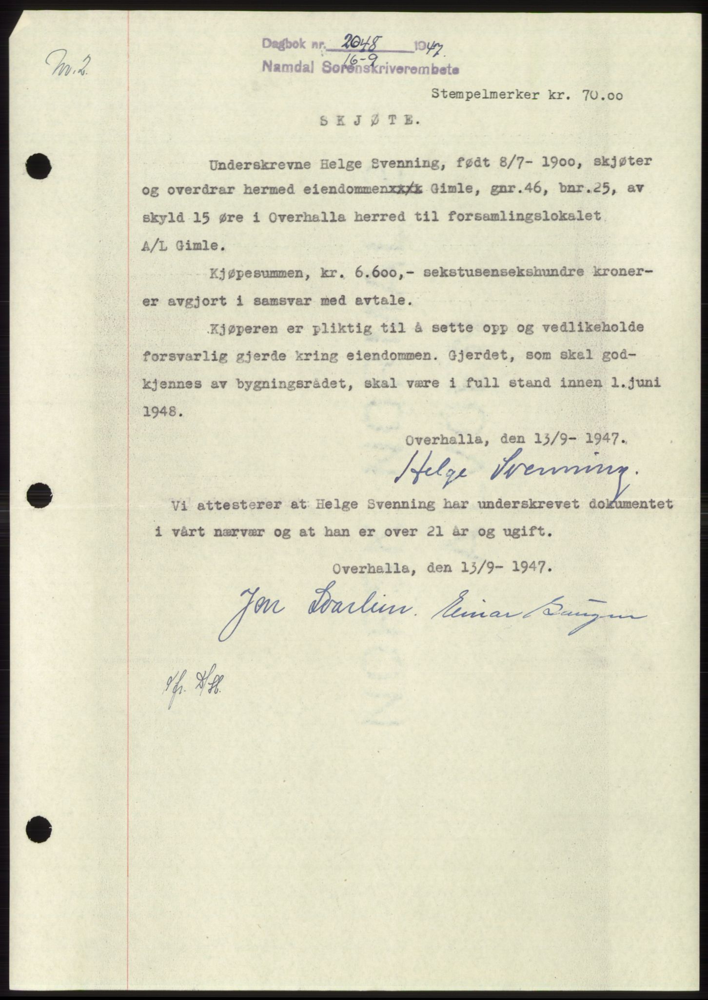 Namdal sorenskriveri, SAT/A-4133/1/2/2C: Pantebok nr. -, 1947-1947, Dagboknr: 2048/1947