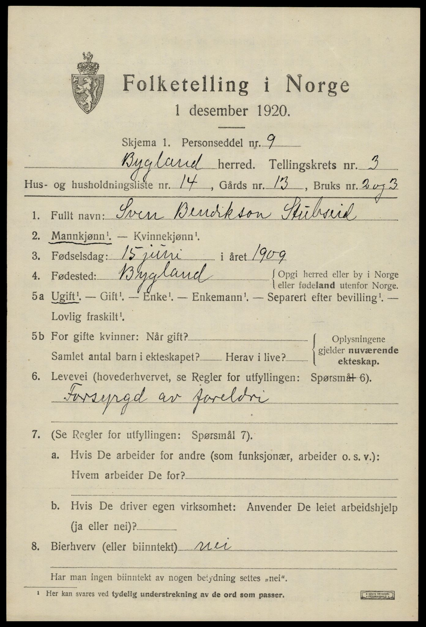 SAK, Folketelling 1920 for 0938 Bygland herred, 1920, s. 1641