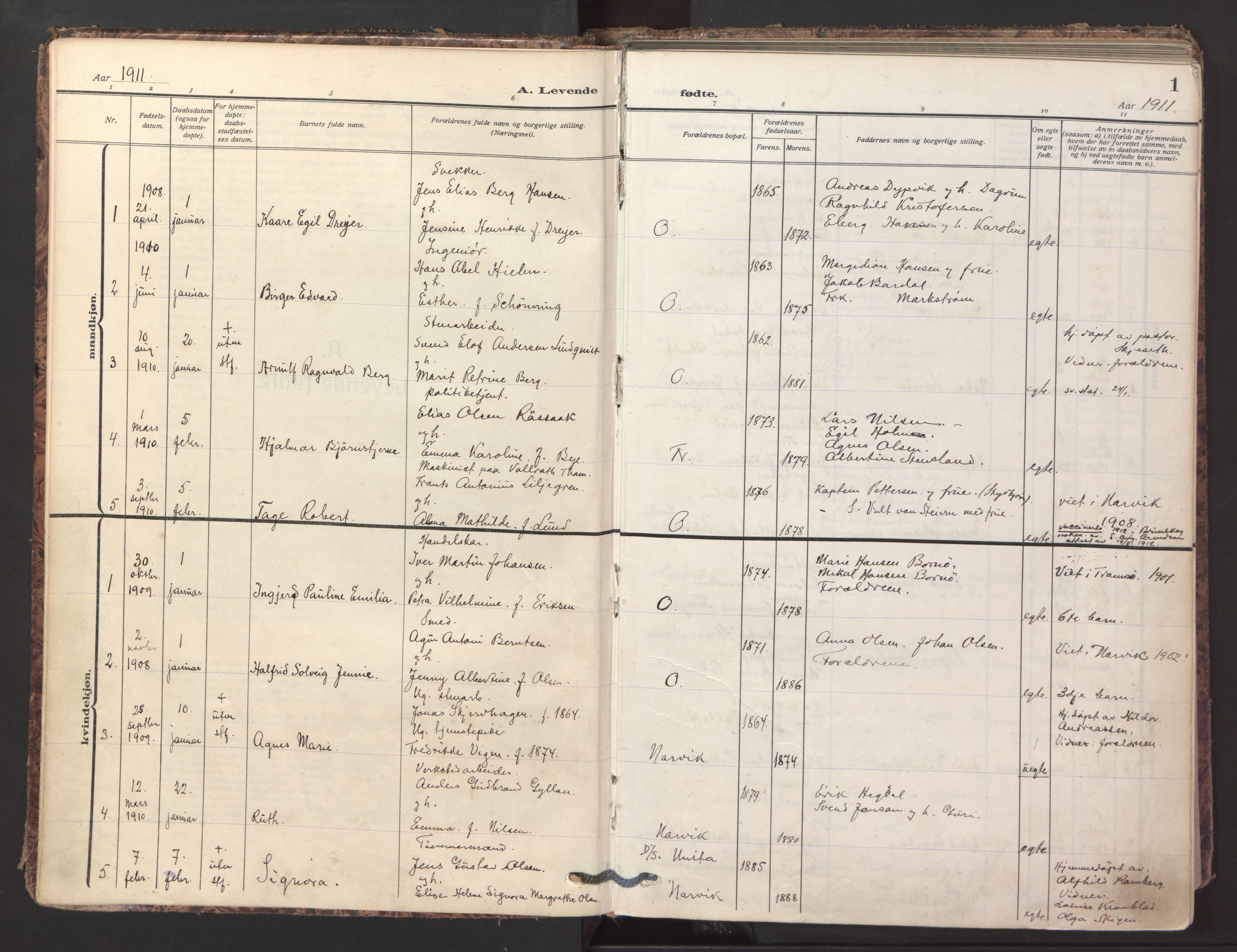 Ministerialprotokoller, klokkerbøker og fødselsregistre - Nordland, SAT/A-1459/871/L1001: Ministerialbok nr. 871A17, 1911-1921, s. 1