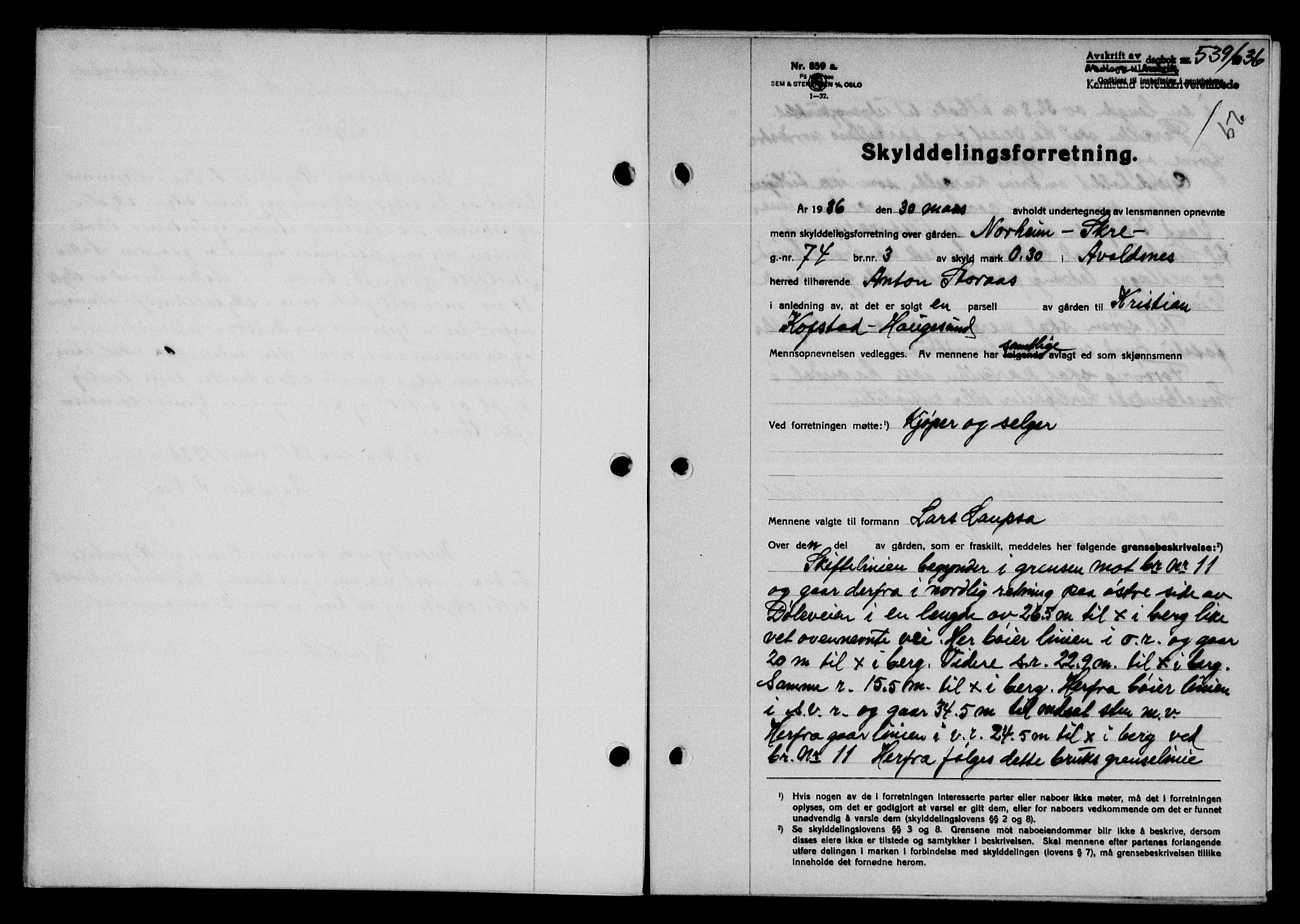 Karmsund sorenskriveri, SAST/A-100311/01/II/IIB/L0066: Pantebok nr. 47A, 1936-1936, Dagboknr: 539/1936