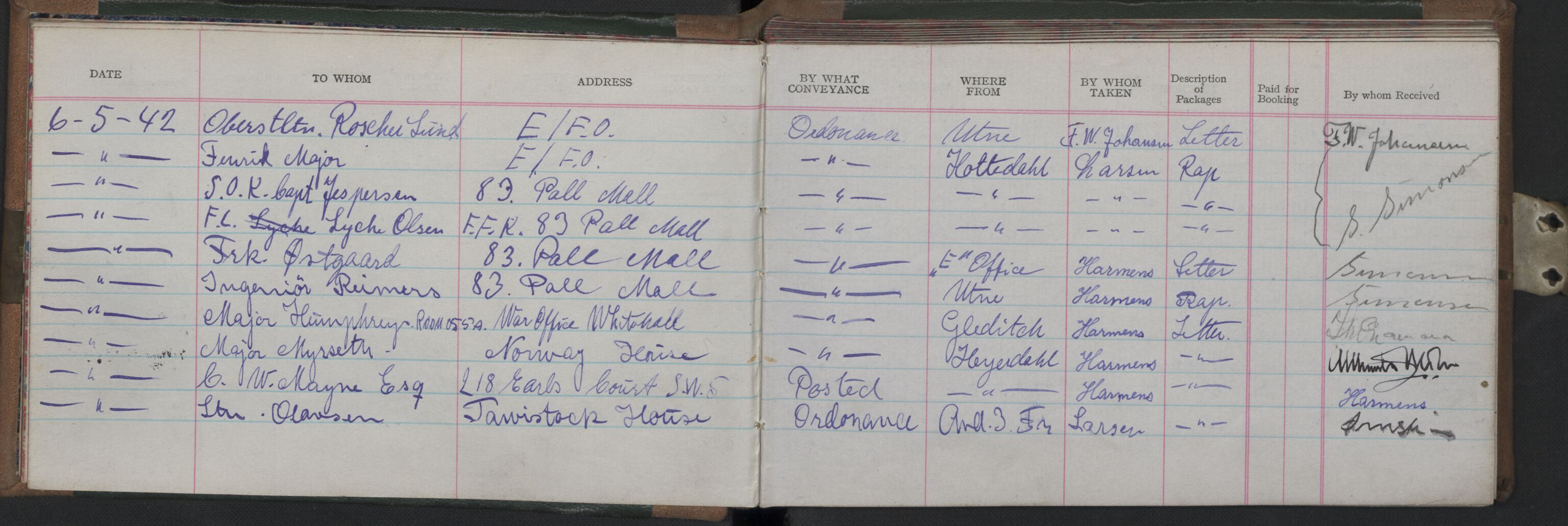 Forsvarets Overkommando. 2. kontor. Arkiv 8.3 (FO.II/8.3). Korrespondanse FD/E og FO.II, AV/RA-RAFA-7141/Dac/Dacb/L0005: Utgående postjournaler, 1942-1944, s. 19