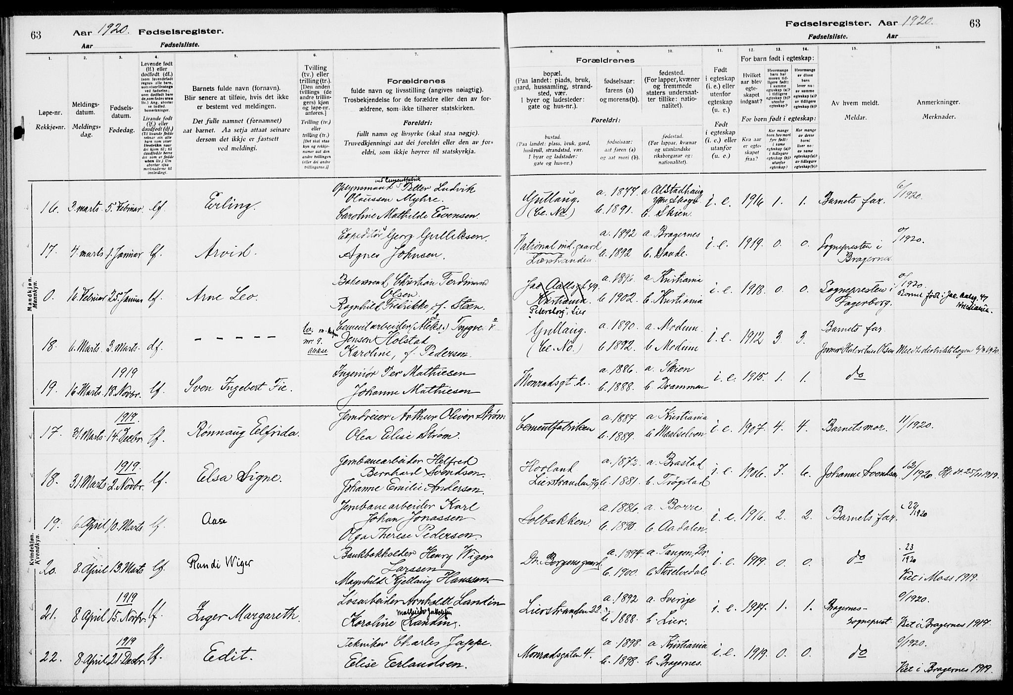 Lier kirkebøker, AV/SAKO-A-230/J/Ja/L0001: Fødselsregister nr. 1, 1916-1928, s. 63