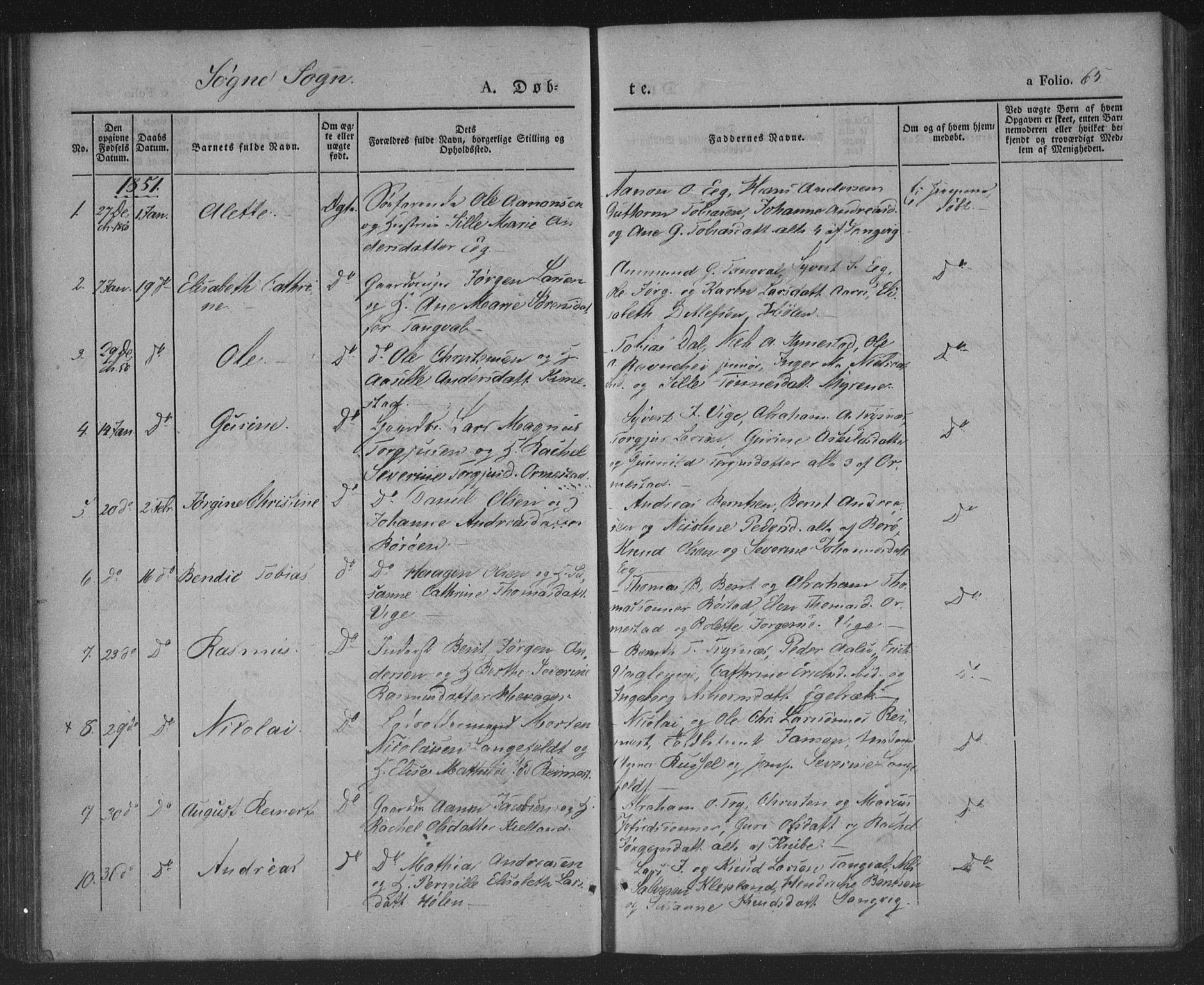 Søgne sokneprestkontor, SAK/1111-0037/F/Fa/Fab/L0009: Ministerialbok nr. A 9, 1838-1853, s. 65