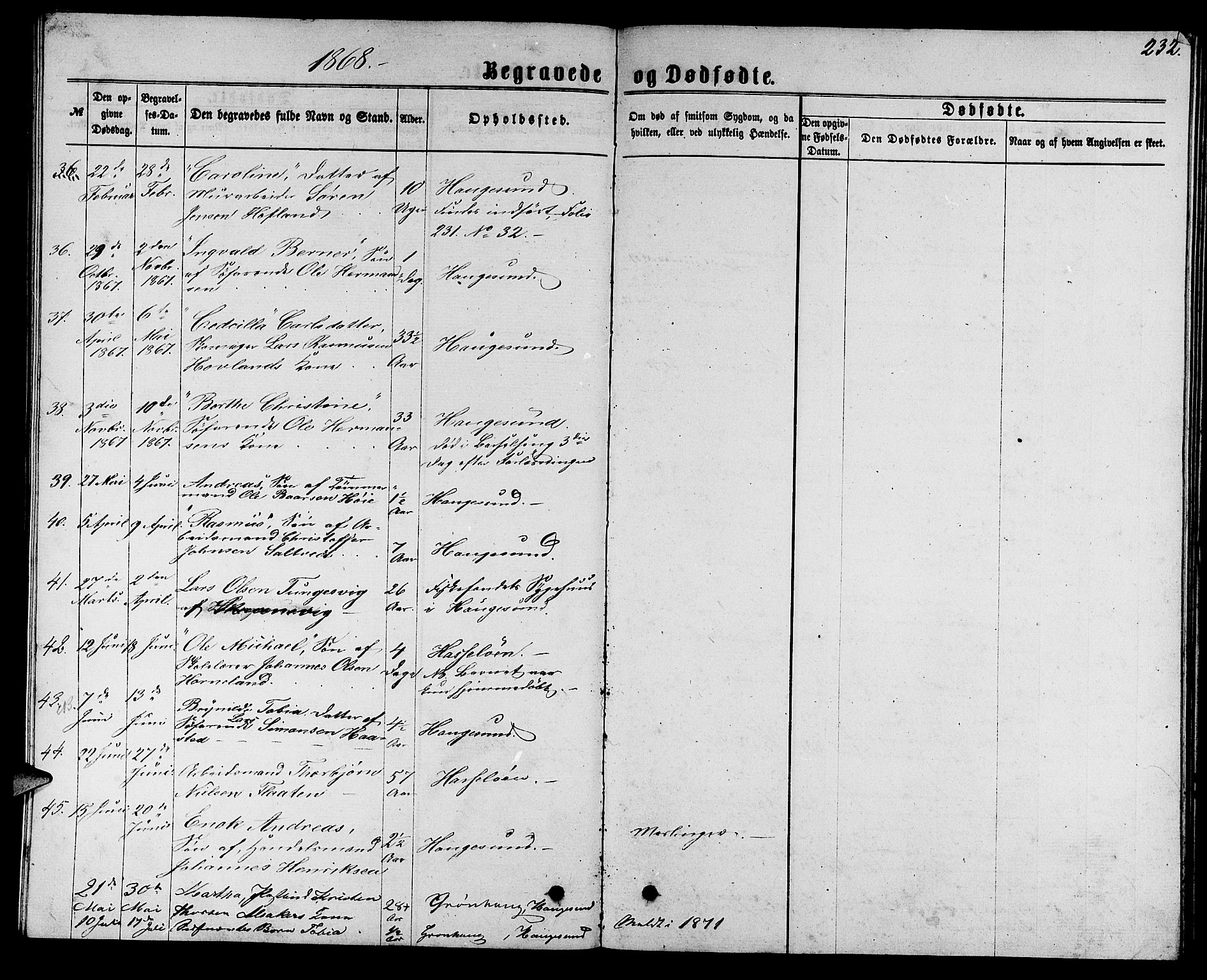 Torvastad sokneprestkontor, AV/SAST-A -101857/H/Ha/Hab/L0007: Klokkerbok nr. B 7, 1866-1873, s. 232