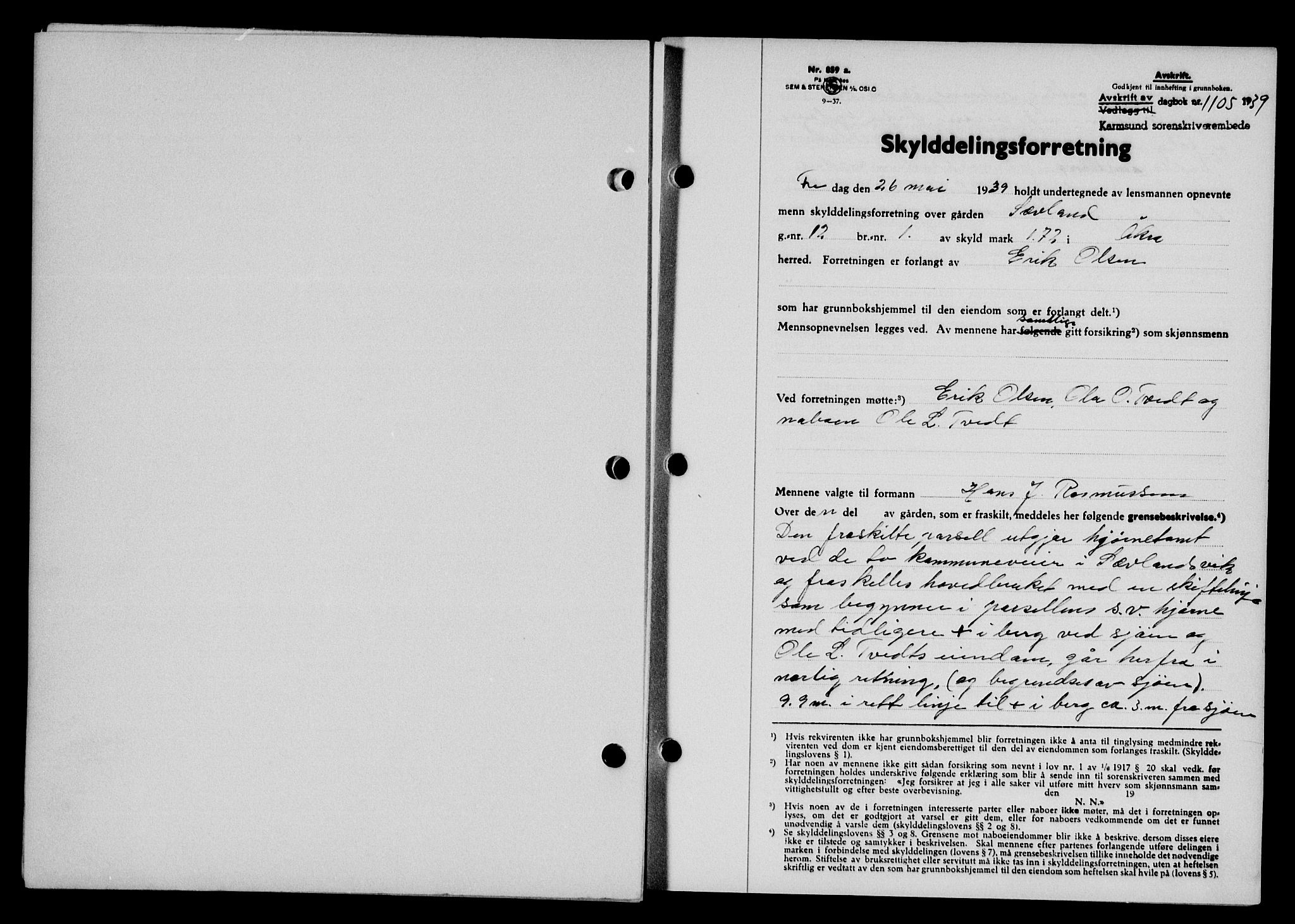 Karmsund sorenskriveri, SAST/A-100311/01/II/IIB/L0071: Pantebok nr. 52A, 1939-1939, Dagboknr: 1105/1939