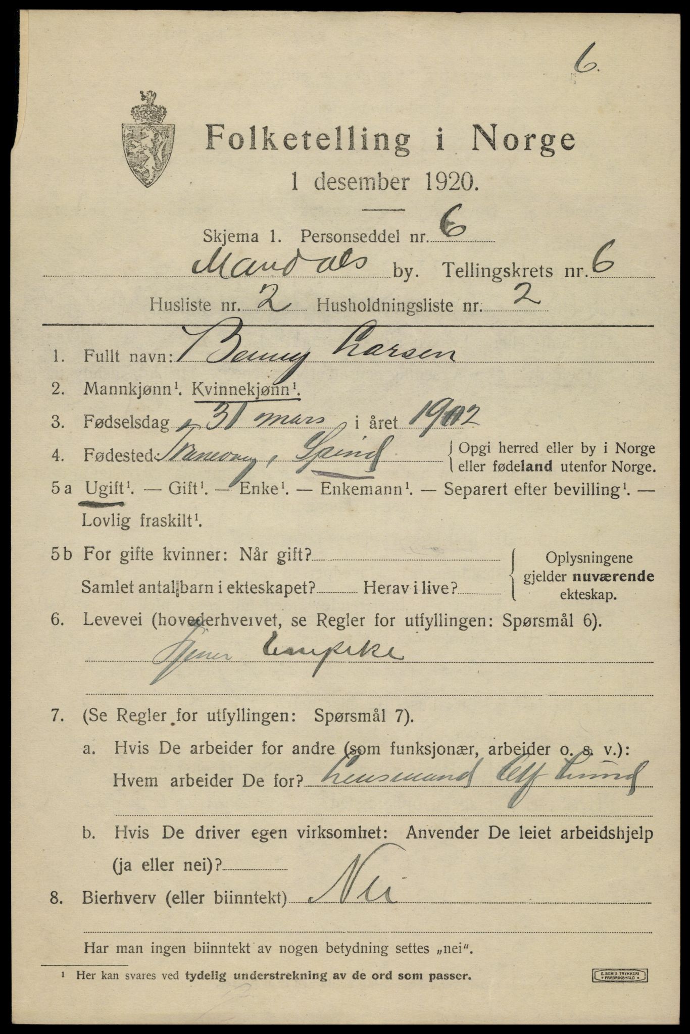 SAK, Folketelling 1920 for 1002 Mandal ladested, 1920, s. 9133