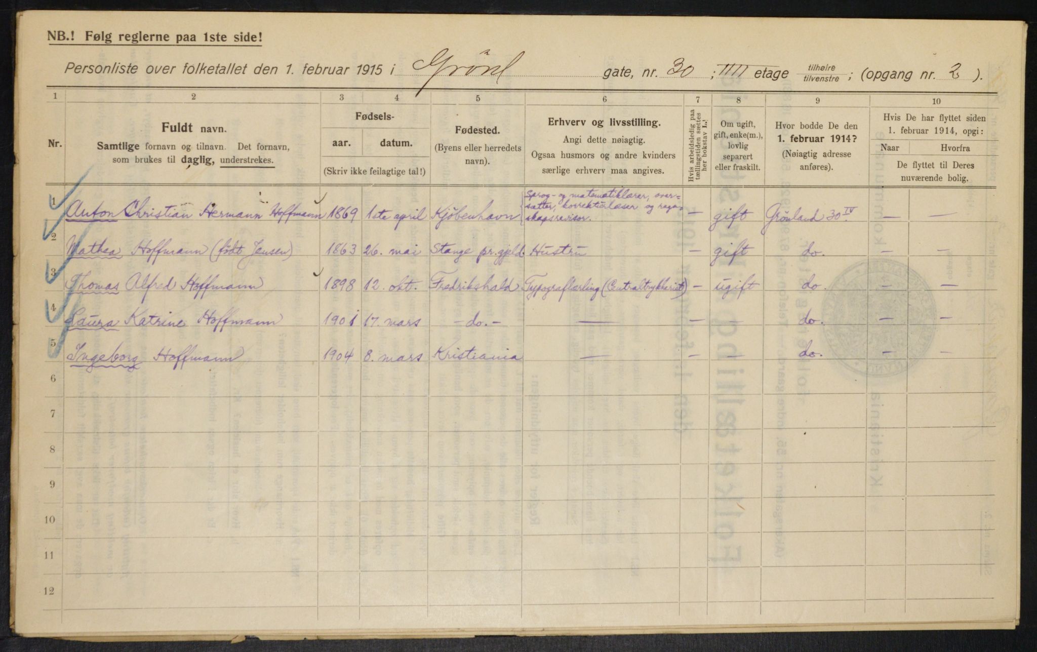 OBA, Kommunal folketelling 1.2.1915 for Kristiania, 1915, s. 31140