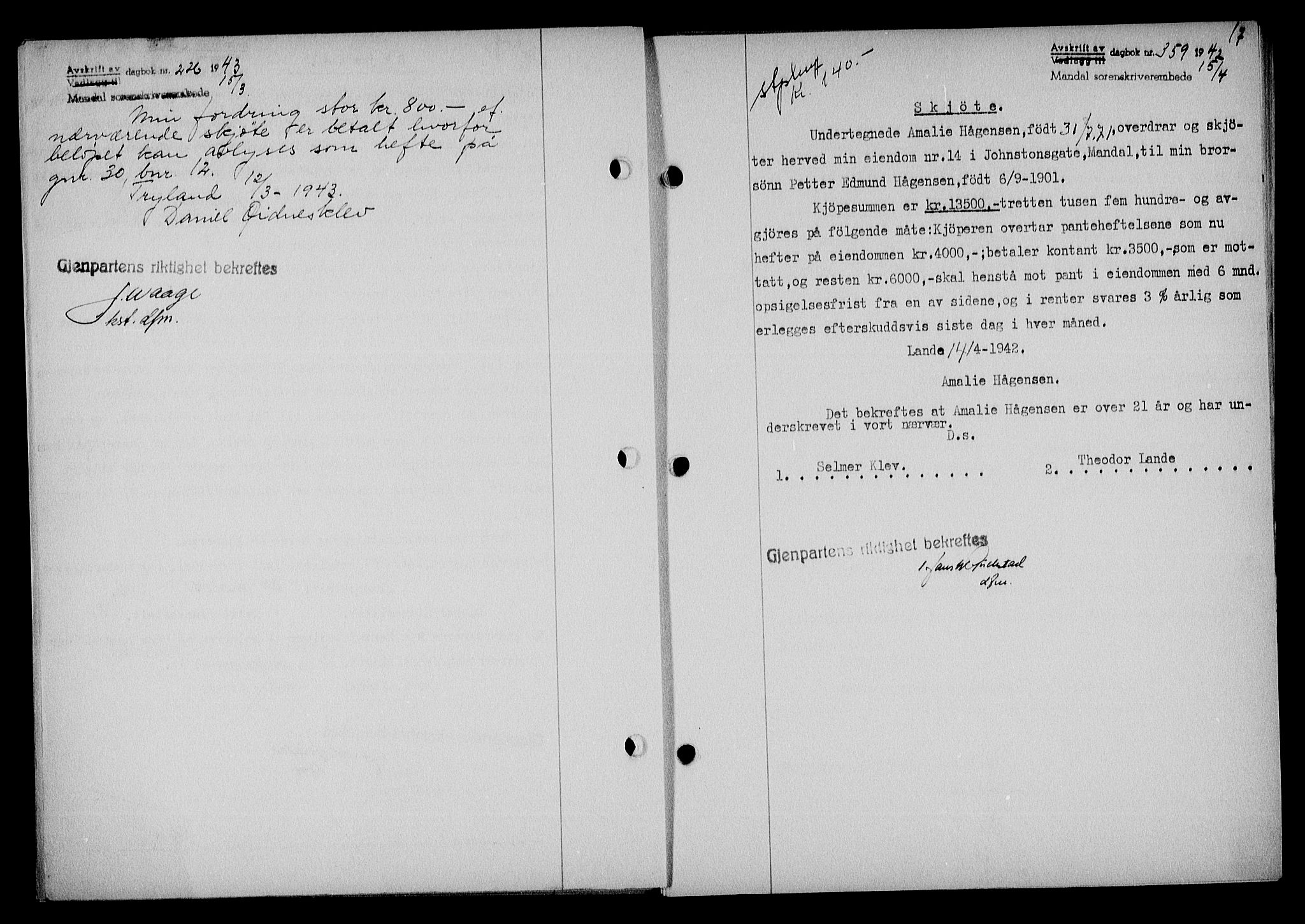Mandal sorenskriveri, SAK/1221-0005/001/G/Gb/Gba/L0074: Pantebok nr. A-11, 1942-1943, Dagboknr: 359/1942