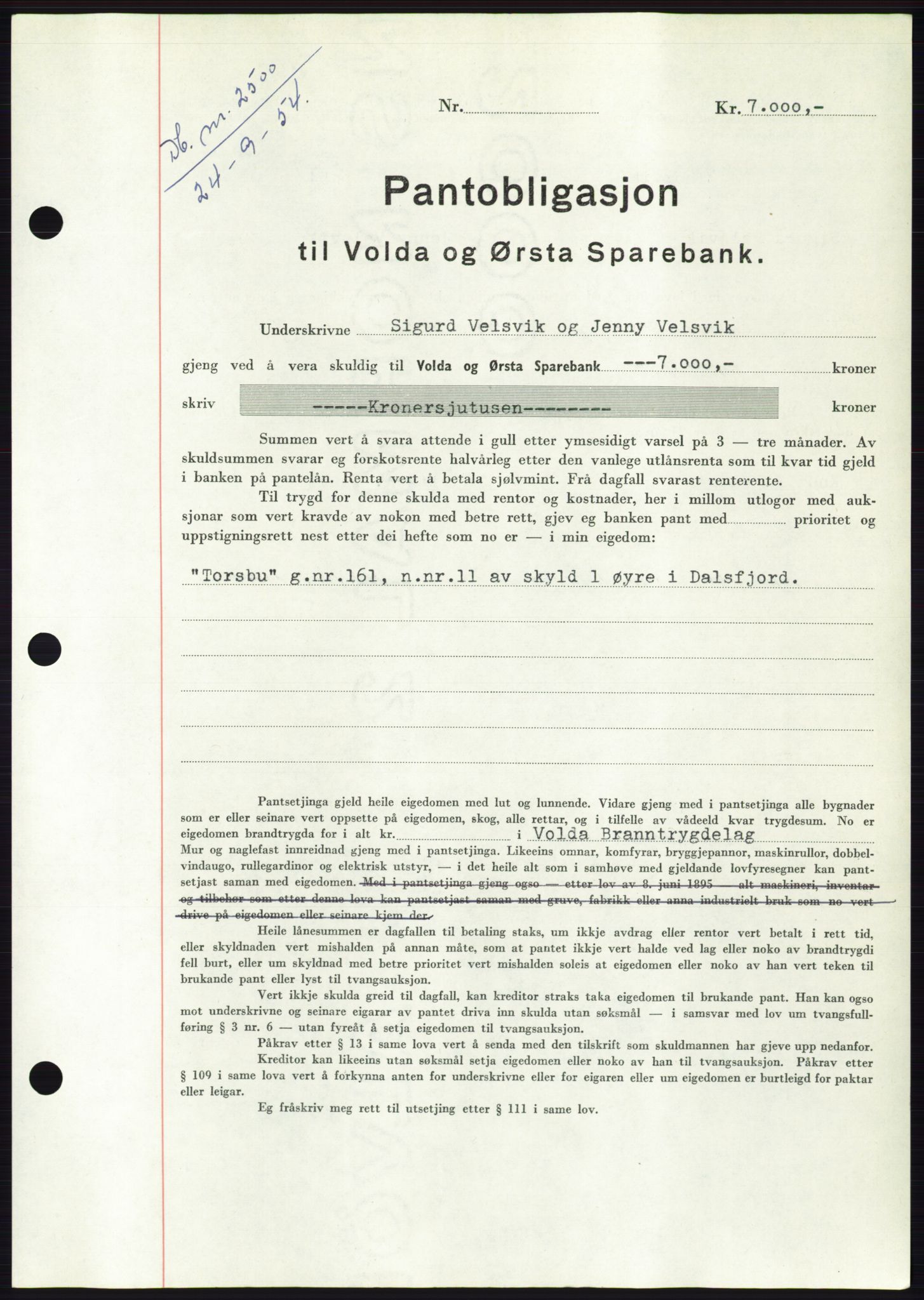 Søre Sunnmøre sorenskriveri, SAT/A-4122/1/2/2C/L0125: Pantebok nr. 13B, 1954-1954, Dagboknr: 2500/1954