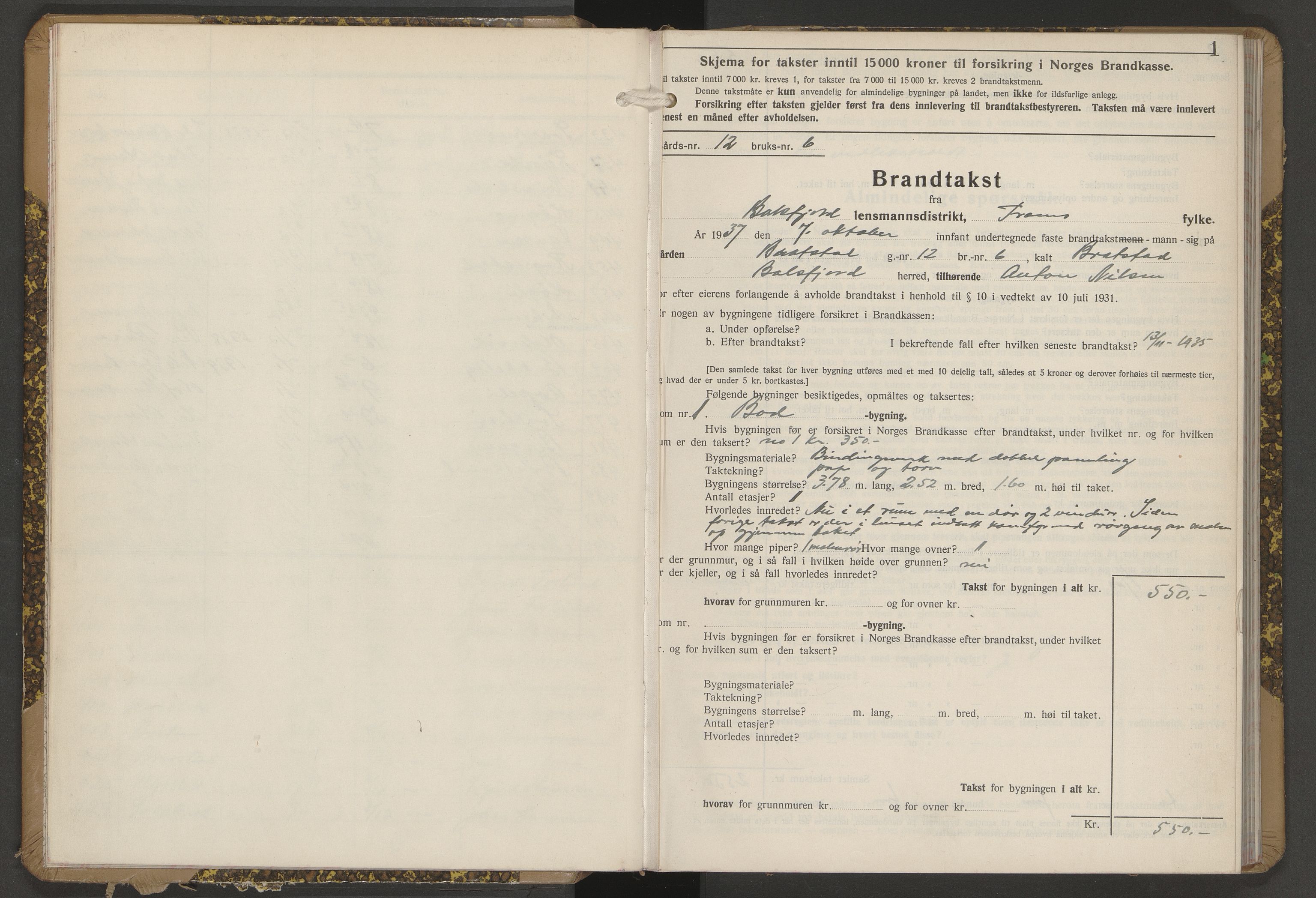 Lensmannen i Balsfjord, AV/SATØ-S-0085/Hf/Hfb/L0192: Branntakstprotokoller 1873-1979. Med register, 1937-1939