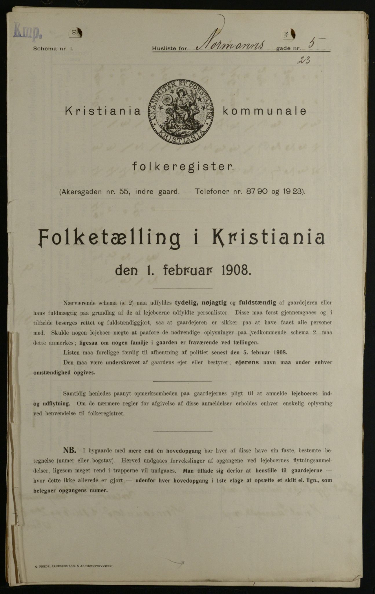 OBA, Kommunal folketelling 1.2.1908 for Kristiania kjøpstad, 1908, s. 66013