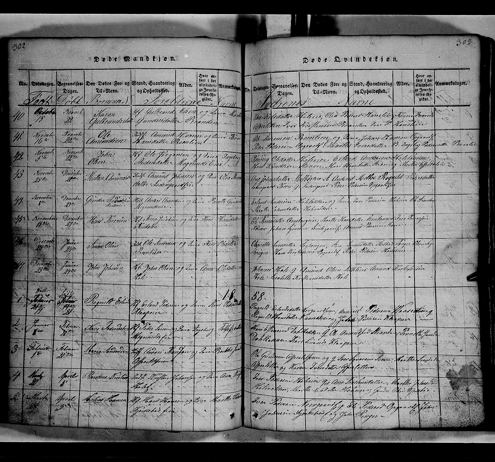 Gausdal prestekontor, AV/SAH-PREST-090/H/Ha/Hab/L0002: Klokkerbok nr. 2, 1818-1874, s. 302-303