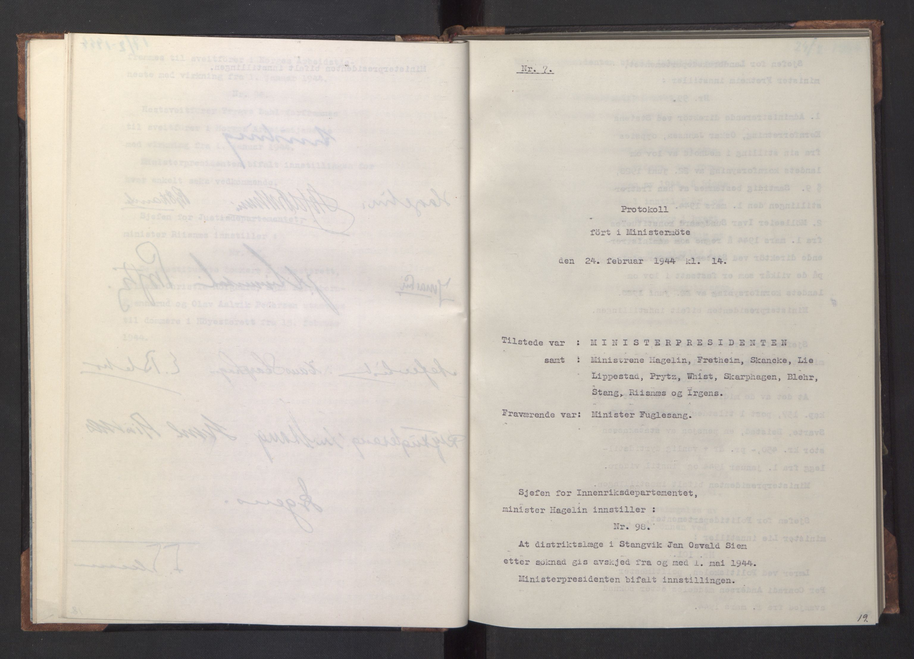NS-administrasjonen 1940-1945 (Statsrådsekretariatet, de kommisariske statsråder mm), AV/RA-S-4279/D/Da/L0005: Protokoll fra ministermøter, 1944, s. 21