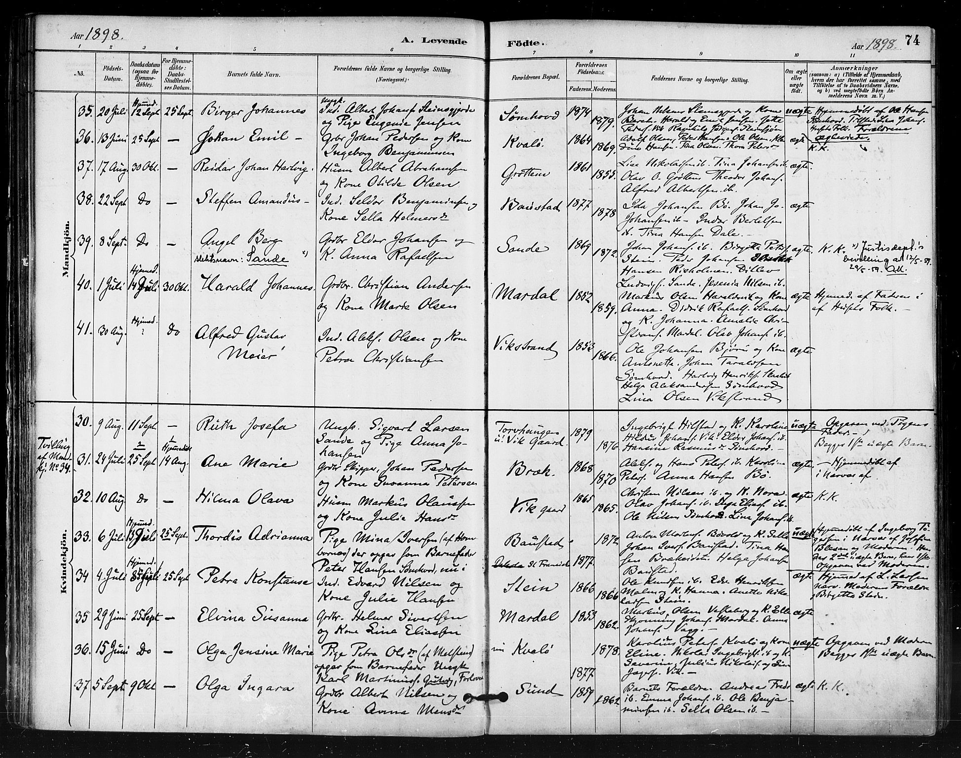 Ministerialprotokoller, klokkerbøker og fødselsregistre - Nordland, AV/SAT-A-1459/812/L0178: Ministerialbok nr. 812A07, 1886-1900, s. 74