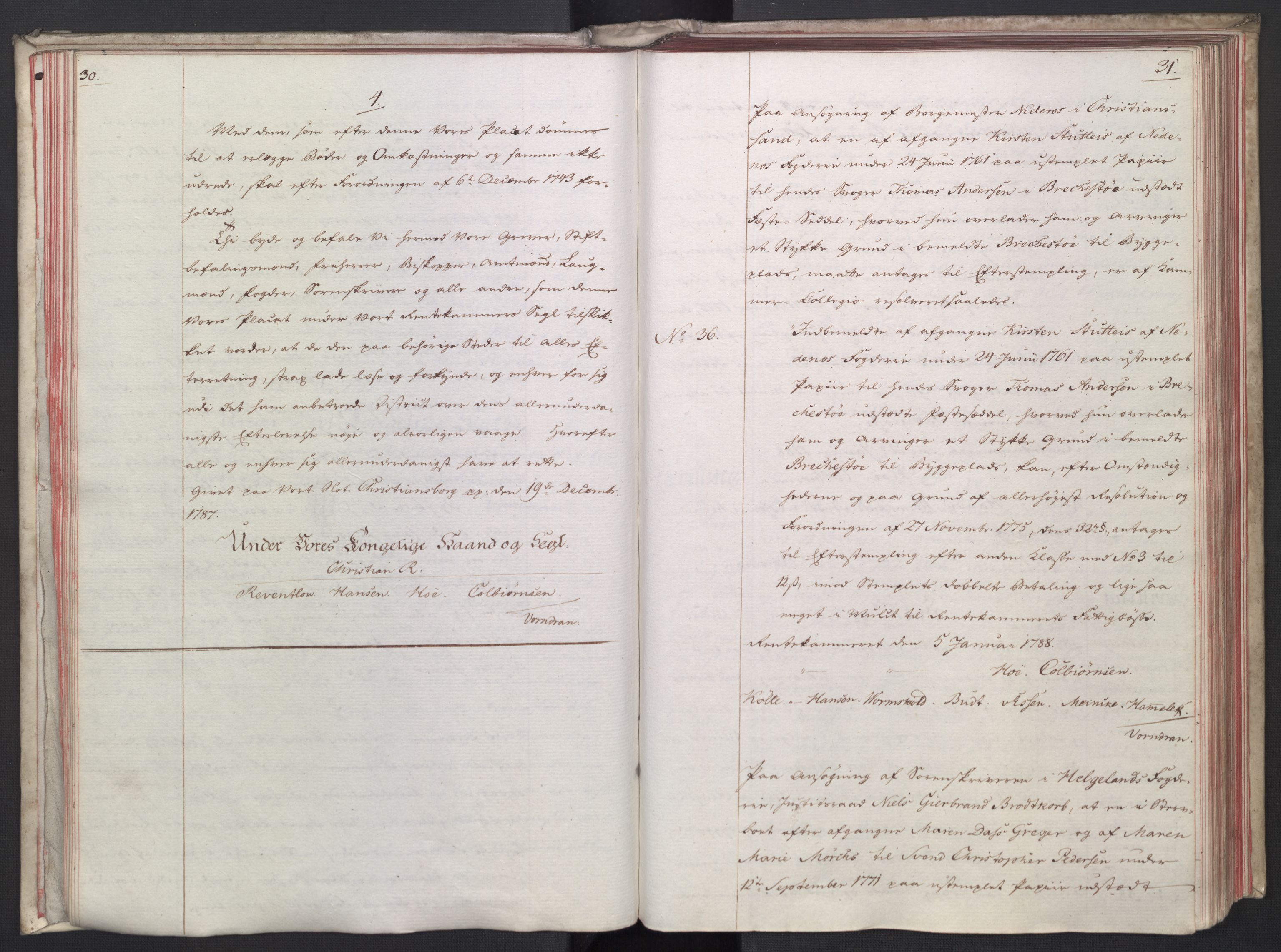Rentekammeret, Kammerkanselliet, AV/RA-EA-3111/G/Gg/Gga/L0014: Norsk ekspedisjonsprotokoll med register (merket RK 53.14), 1787-1790, s. 30-31