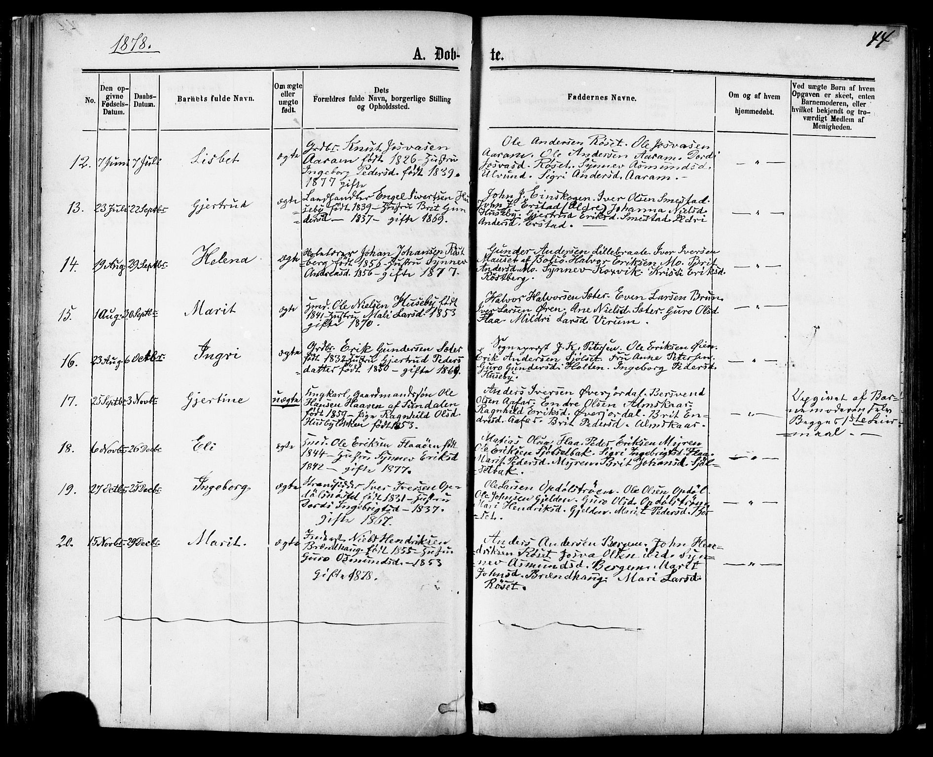 Ministerialprotokoller, klokkerbøker og fødselsregistre - Møre og Romsdal, AV/SAT-A-1454/588/L1005: Ministerialbok nr. 588A02, 1871-1885, s. 44