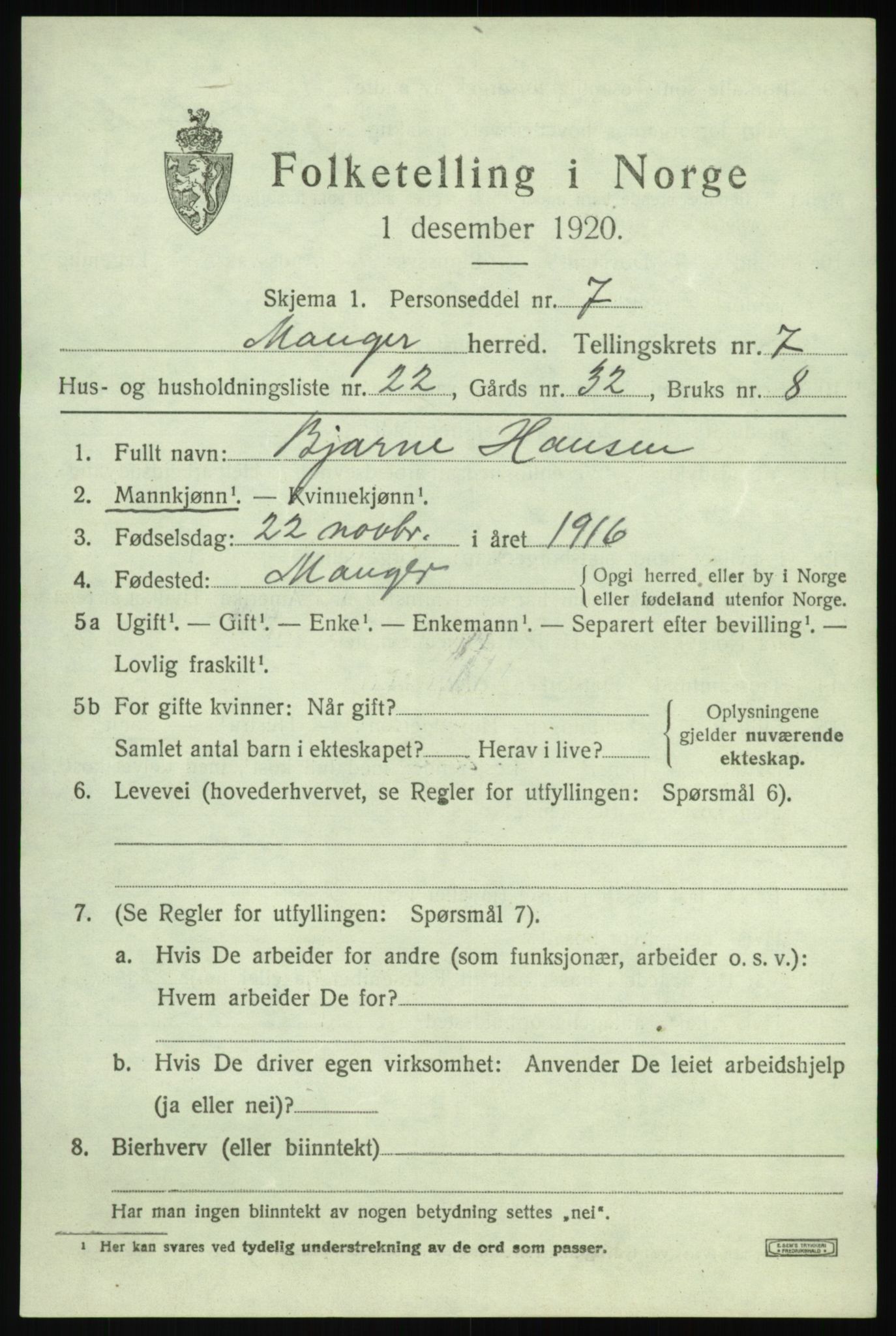 SAB, Folketelling 1920 for 1261 Manger herred, 1920, s. 4627
