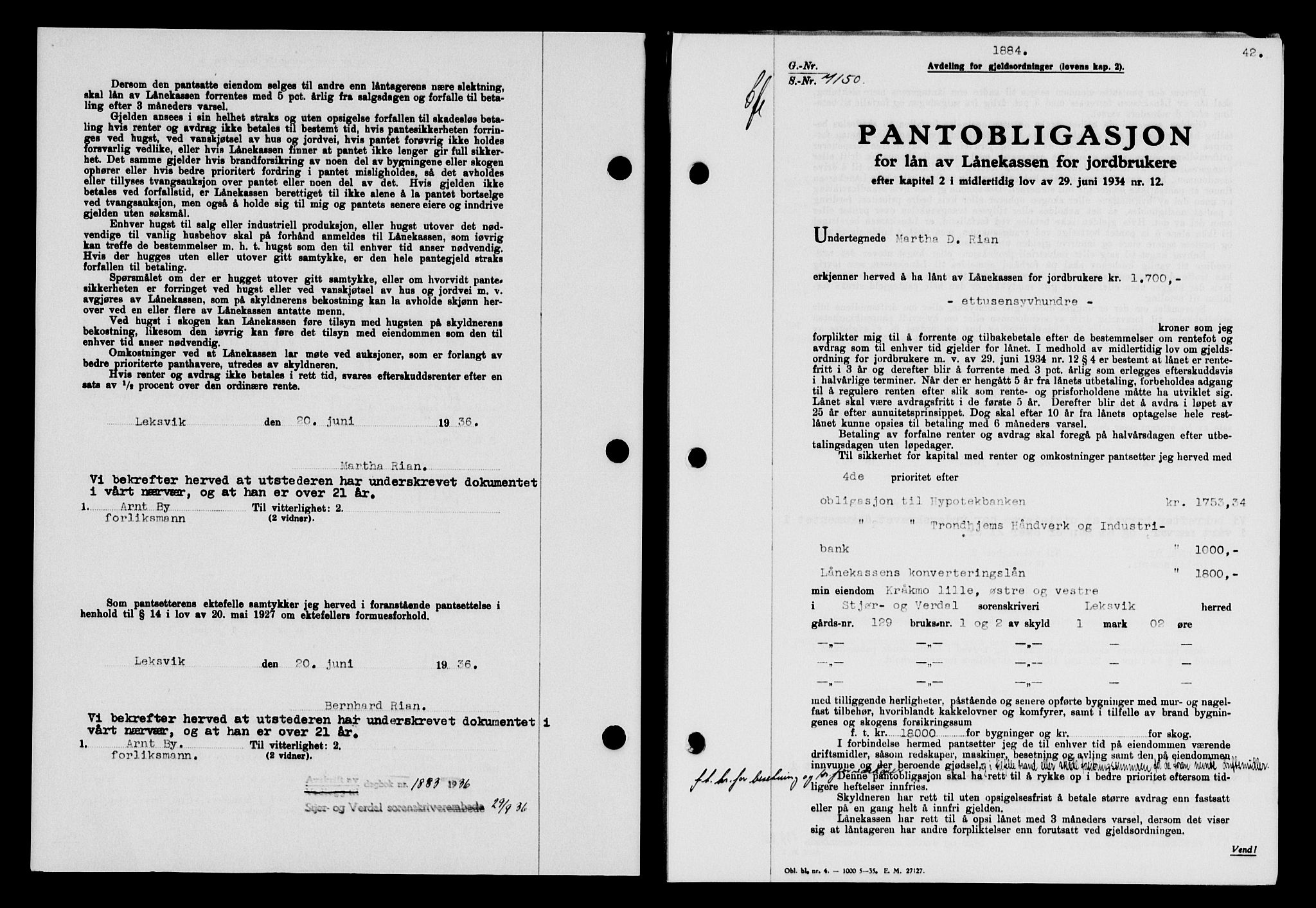 Stjør- og Verdal sorenskriveri, SAT/A-4167/1/2/2C/L0078: Pantebok nr. 46, 1936-1937, Dagboknr: 1884/1936