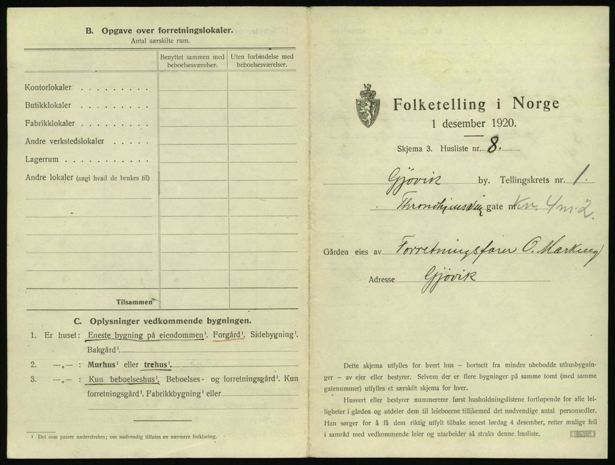 SAH, Folketelling 1920 for 0502 Gjøvik kjøpstad, 1920, s. 42