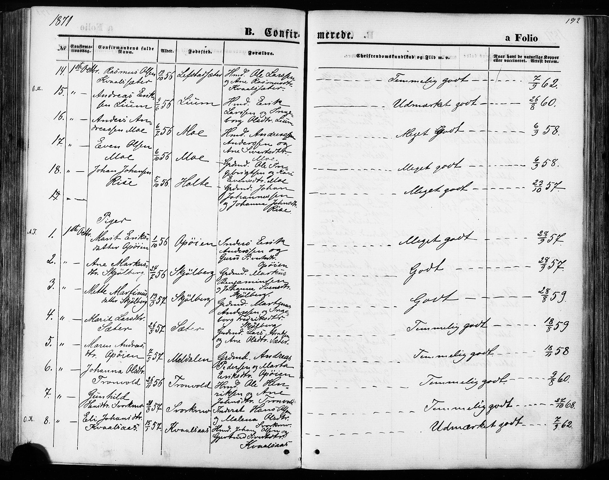 Ministerialprotokoller, klokkerbøker og fødselsregistre - Sør-Trøndelag, AV/SAT-A-1456/668/L0807: Ministerialbok nr. 668A07, 1870-1880, s. 192