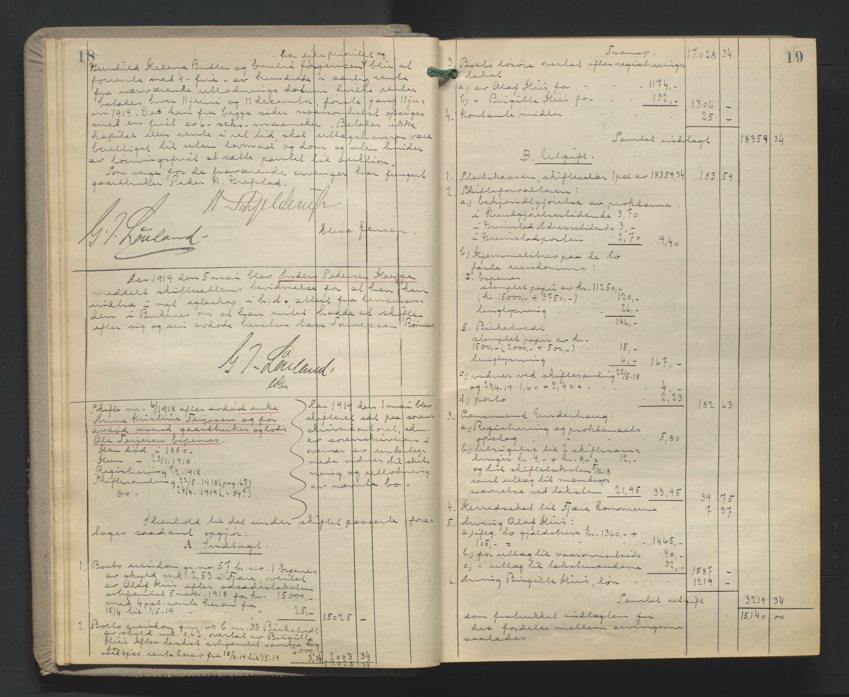 Vestre Nedenes/Sand sorenskriveri, AV/SAK-1221-0010/H/Hc/L0022: Skifteutlodningsprotokoll nr. 9, 1919-1932, s. 18-19