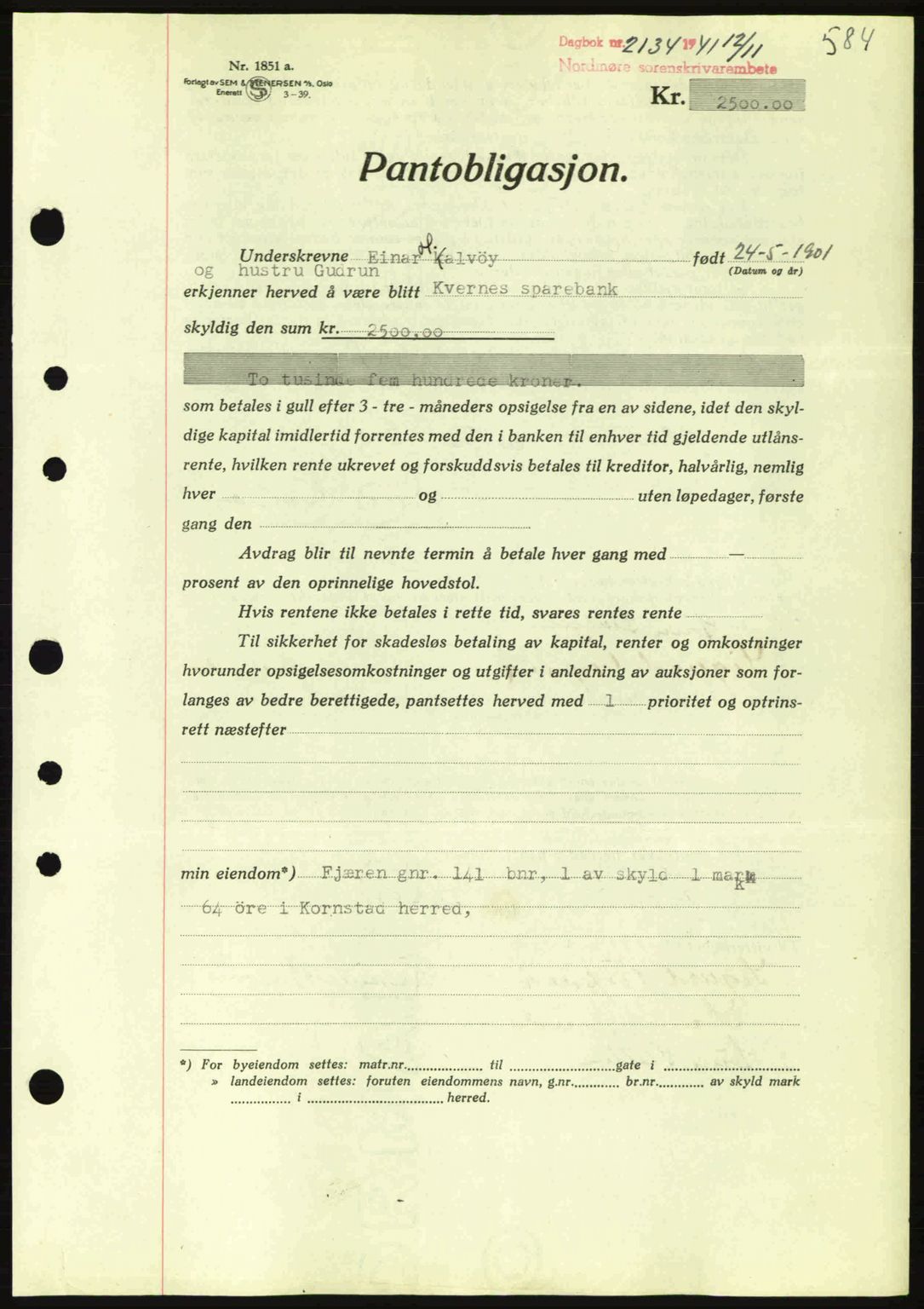 Nordmøre sorenskriveri, SAT/A-4132/1/2/2Ca: Pantebok nr. B88, 1941-1942, Dagboknr: 2134/1941