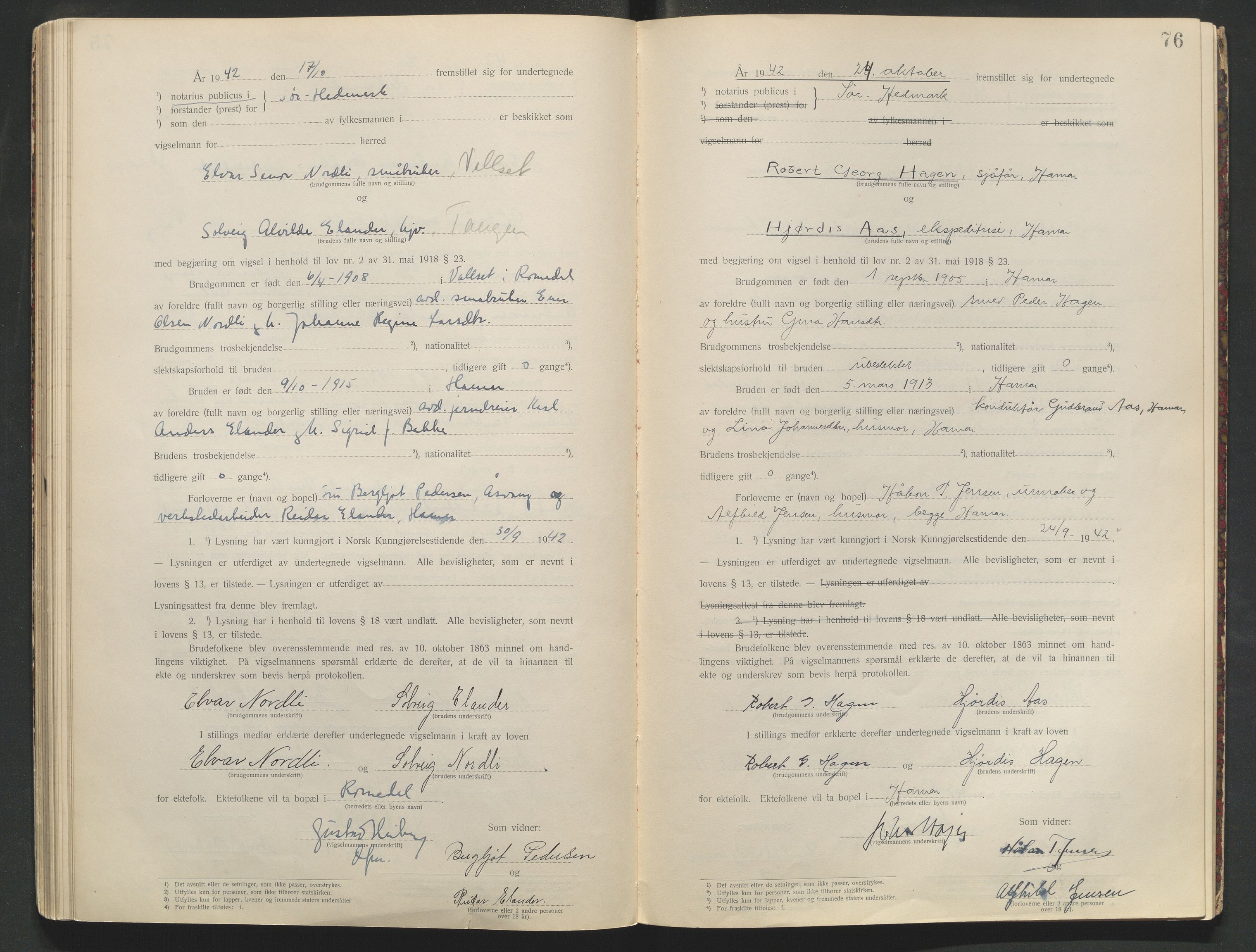Sør-Hedmark sorenskriveri, AV/SAH-TING-014/L/Le/L0001/0002: Vigselbøker / Vigselbok, 1938-1942, s. 76