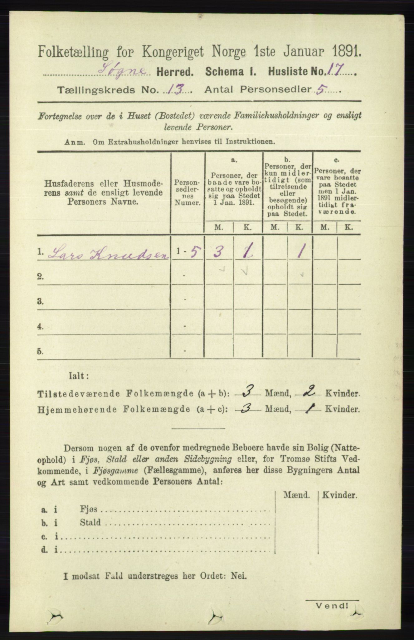 RA, Folketelling 1891 for 1018 Søgne herred, 1891, s. 3207