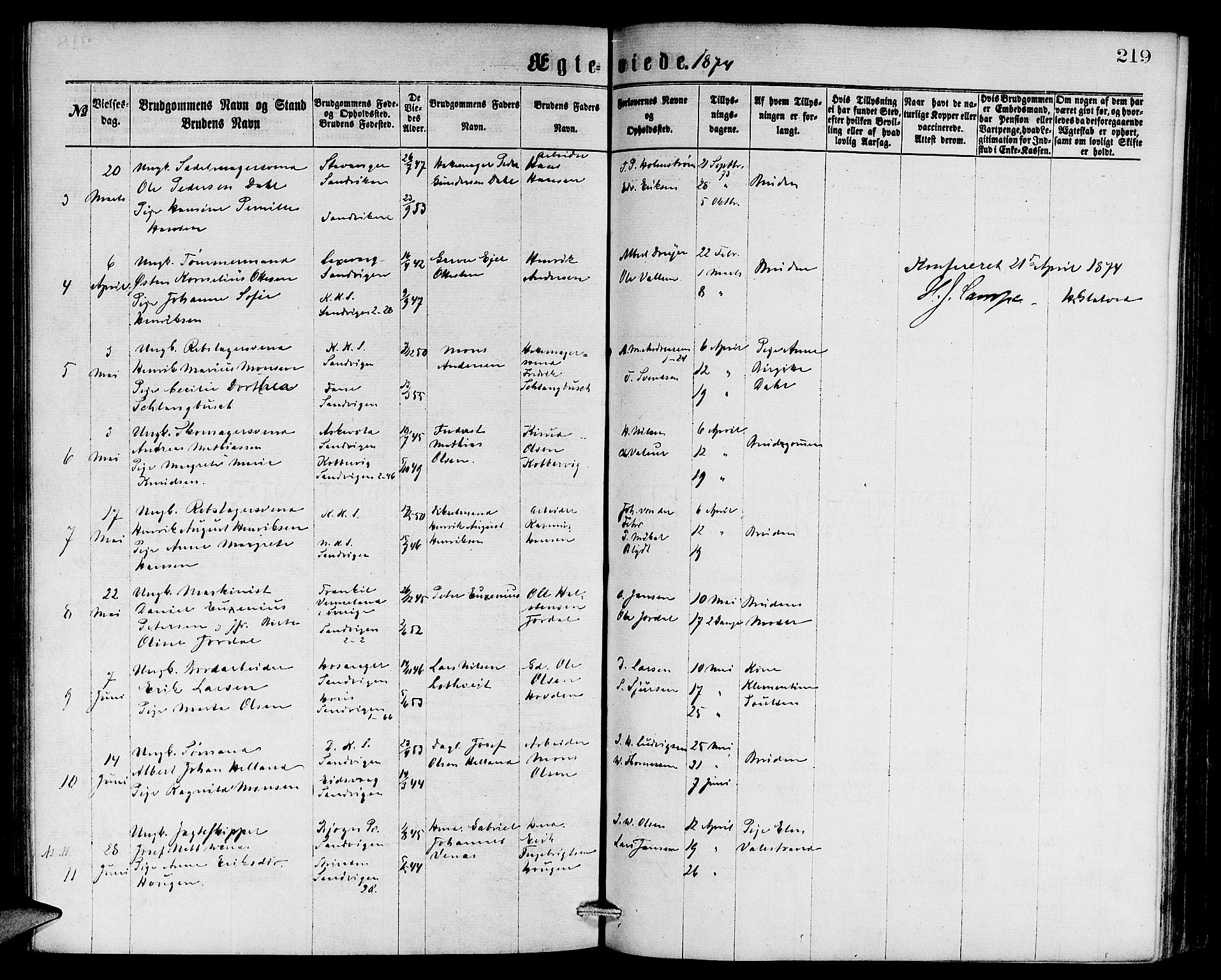 Sandviken Sokneprestembete, AV/SAB-A-77601/H/Hb: Klokkerbok nr. A 1, 1867-1879, s. 219
