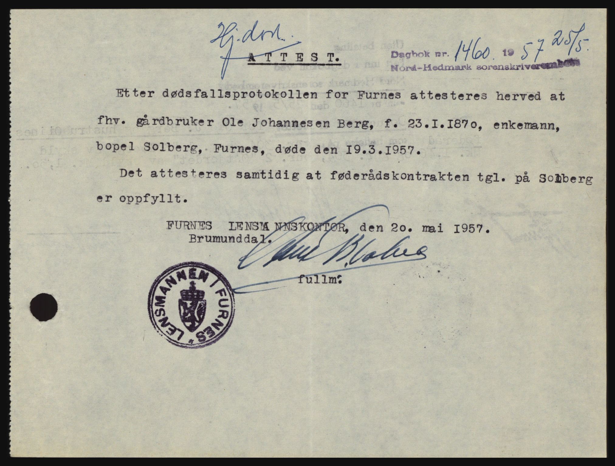 Nord-Hedmark sorenskriveri, SAH/TING-012/H/Hc/L0011: Pantebok nr. 11, 1956-1957, Dagboknr: 1460/1957