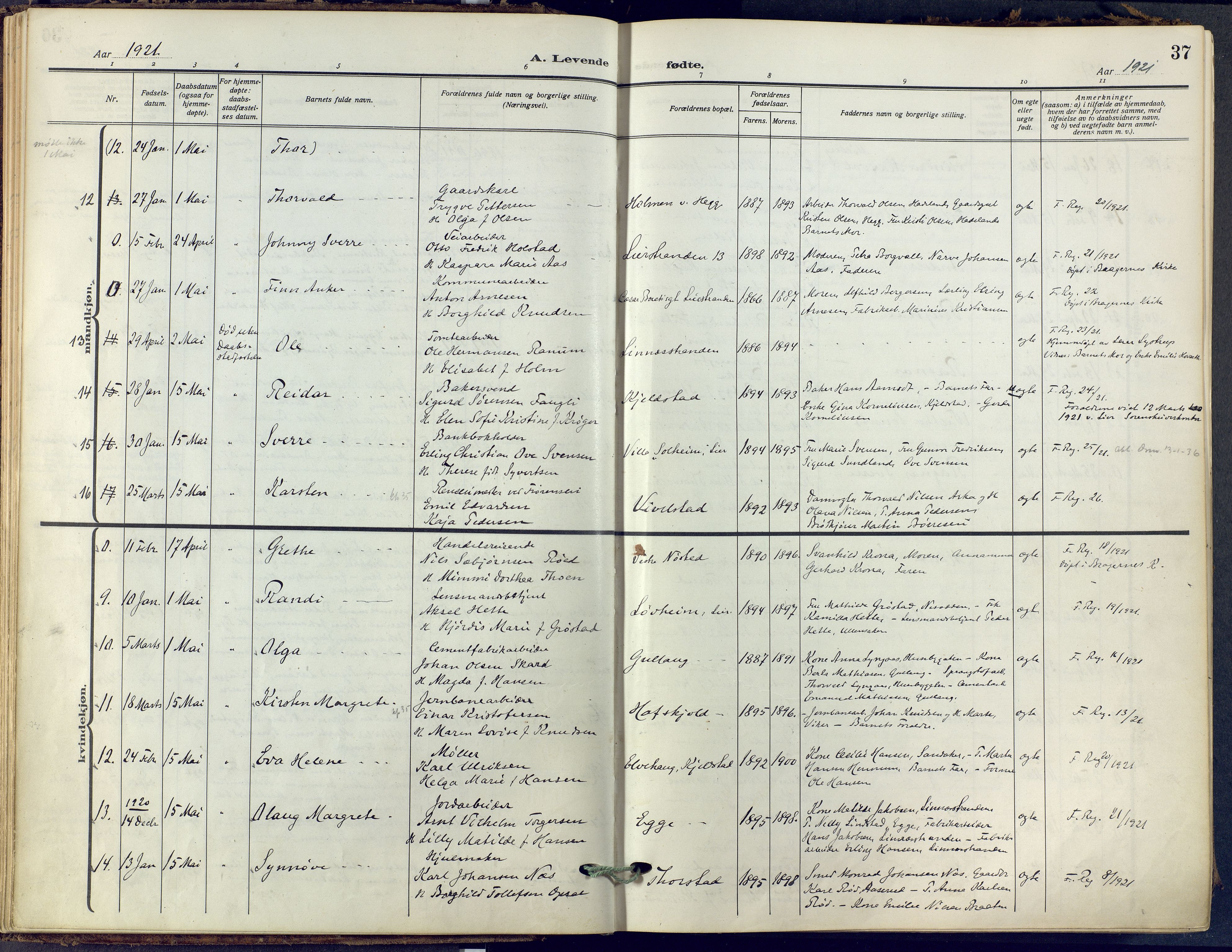 Lier kirkebøker, SAKO/A-230/F/Fa/L0019: Ministerialbok nr. I 19, 1918-1928, s. 37