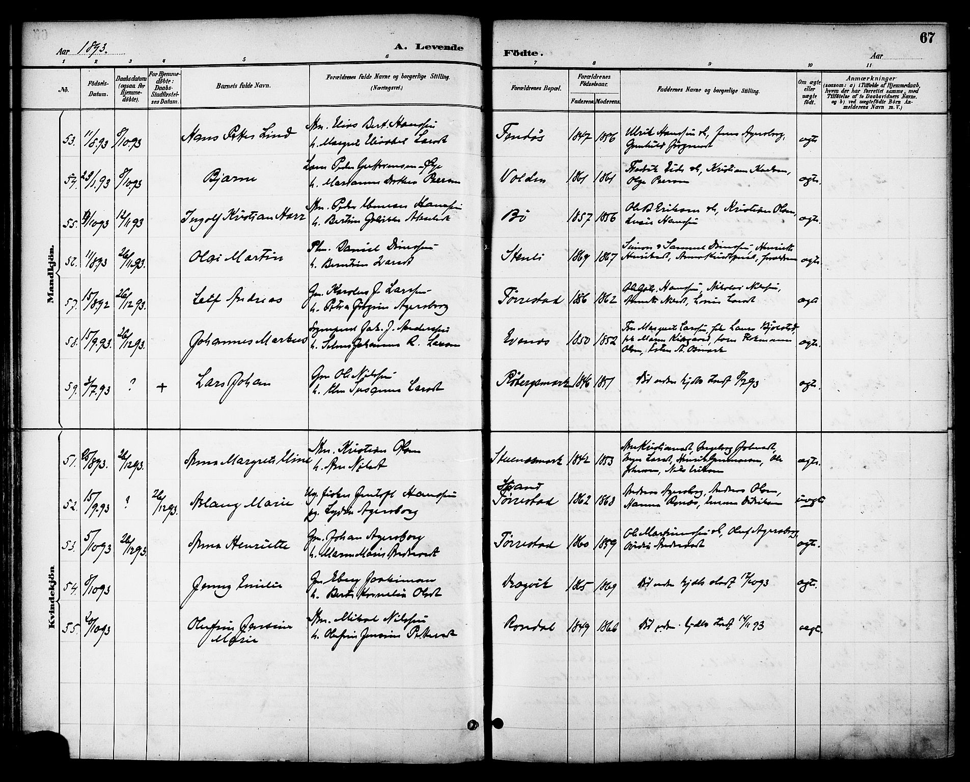 Ministerialprotokoller, klokkerbøker og fødselsregistre - Nordland, AV/SAT-A-1459/863/L0898: Ministerialbok nr. 863A10, 1886-1897, s. 67