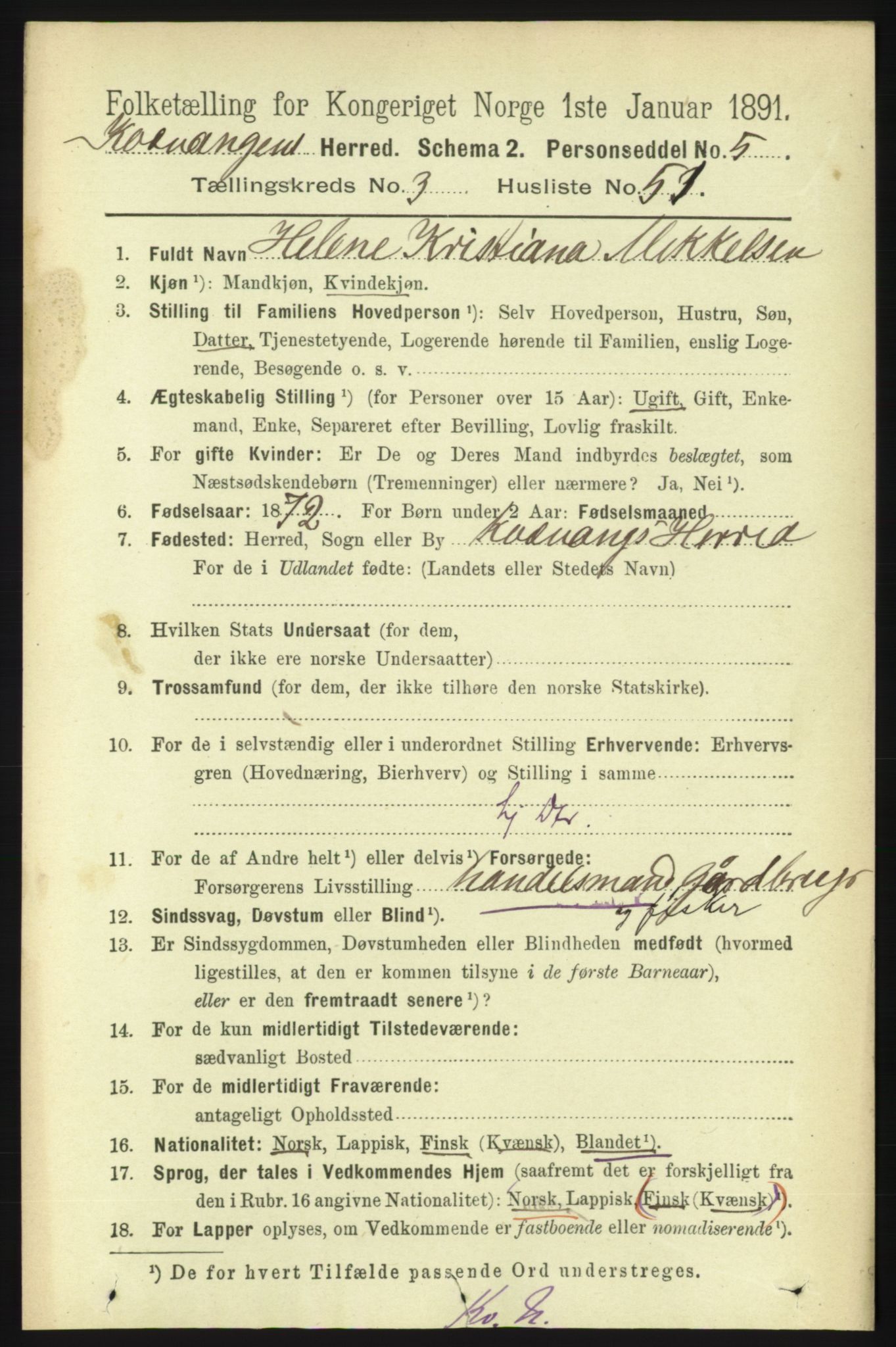 RA, Folketelling 1891 for 1943 Kvænangen herred, 1891, s. 1419