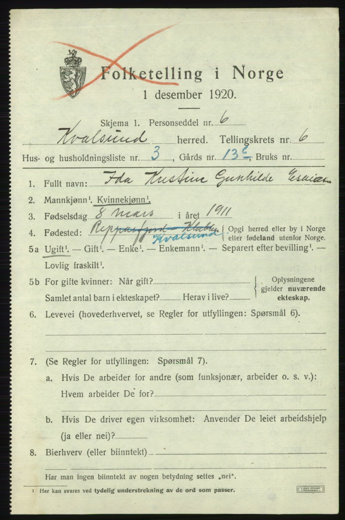 SATØ, Folketelling 1920 for 2017 Kvalsund herred, 1920, s. 2026