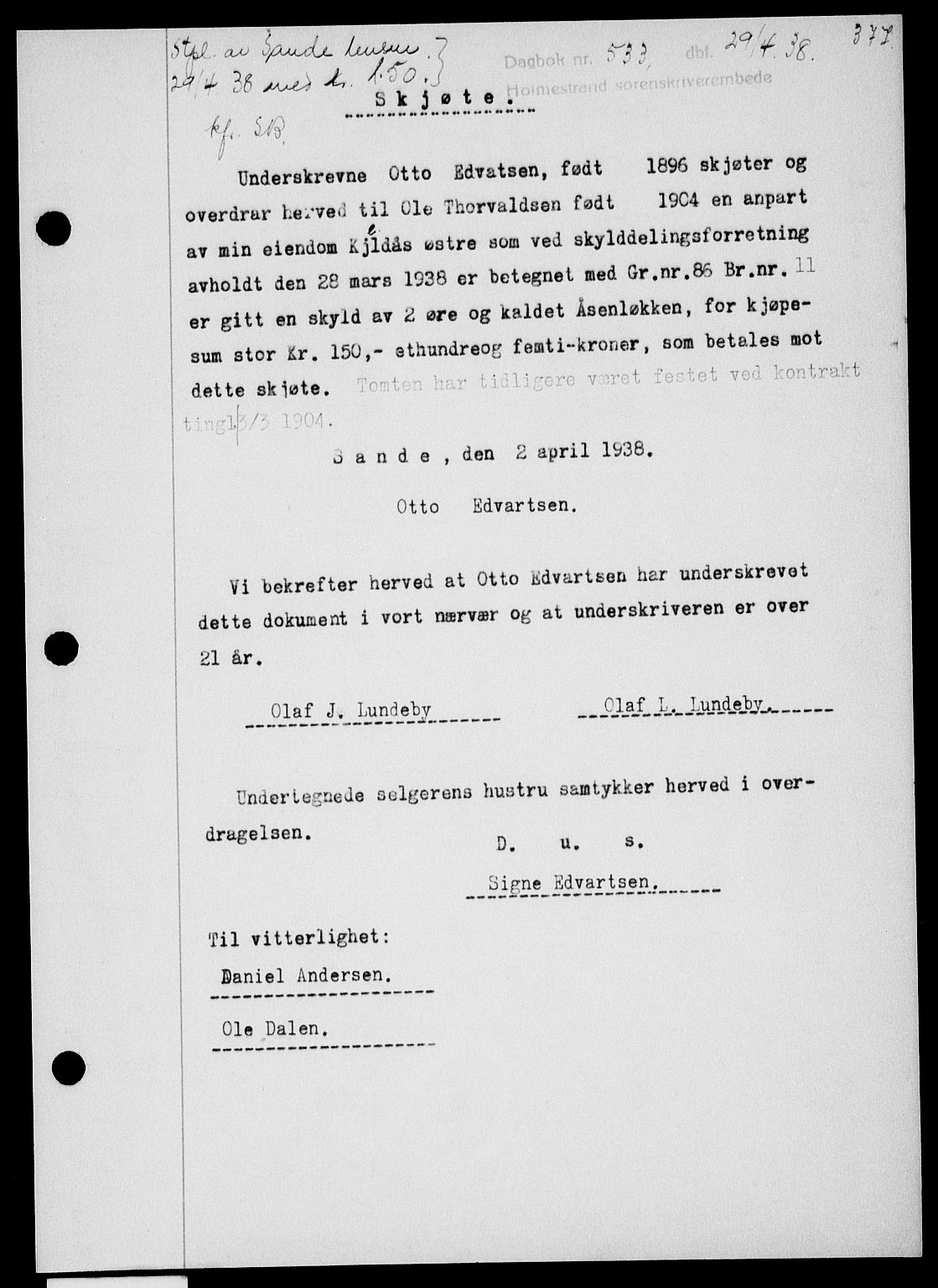 Holmestrand sorenskriveri, SAKO/A-67/G/Ga/Gaa/L0049: Pantebok nr. A-49, 1937-1938, Dagboknr: 533/1938