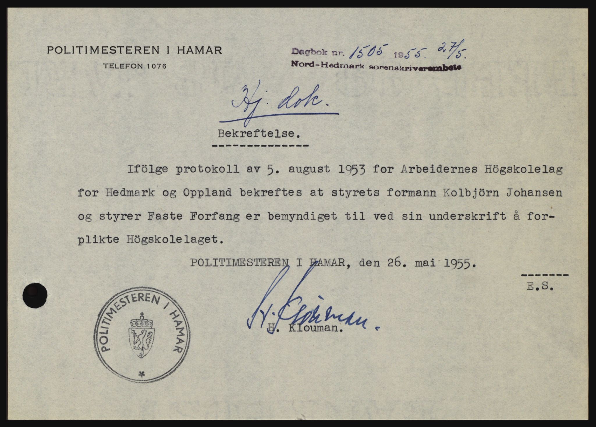 Nord-Hedmark sorenskriveri, SAH/TING-012/H/Hc/L0010: Pantebok nr. 10, 1955-1956, Dagboknr: 1505/1955
