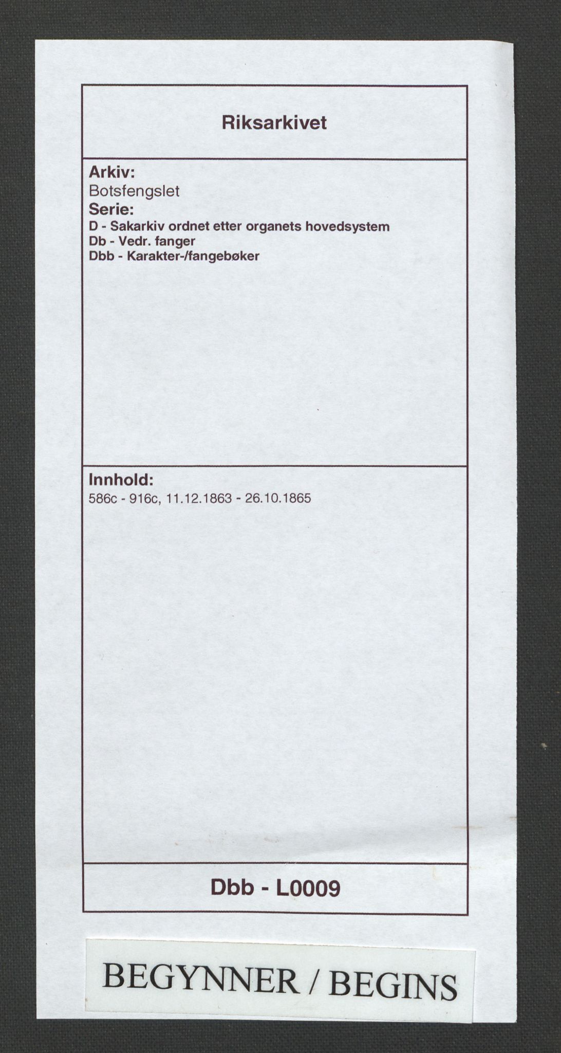 Botsfengslet, AV/RA-S-1539/D/Db/Dbb/L0009: 586c - 916c, 1863-1865
