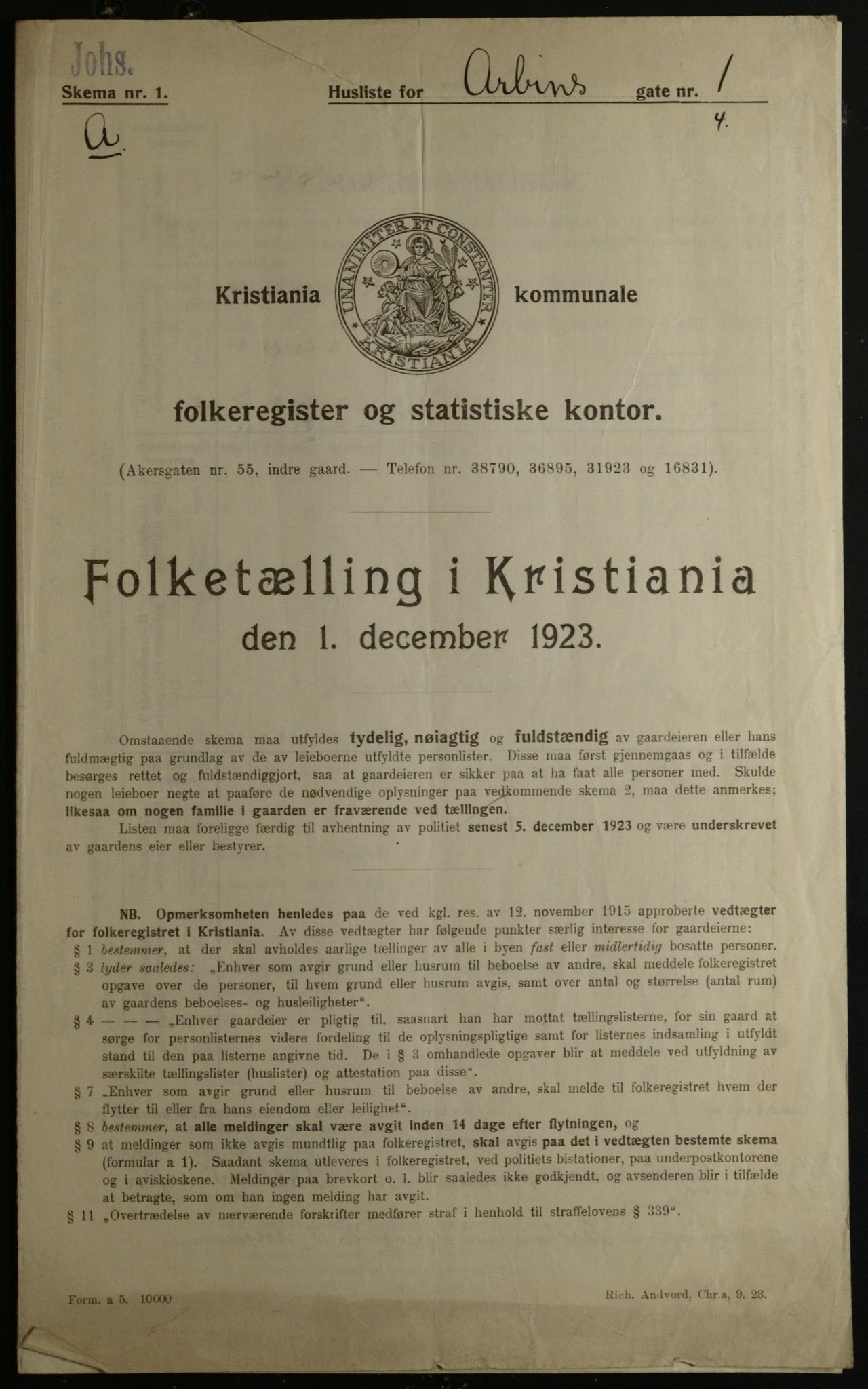 OBA, Kommunal folketelling 1.12.1923 for Kristiania, 1923, s. 1734