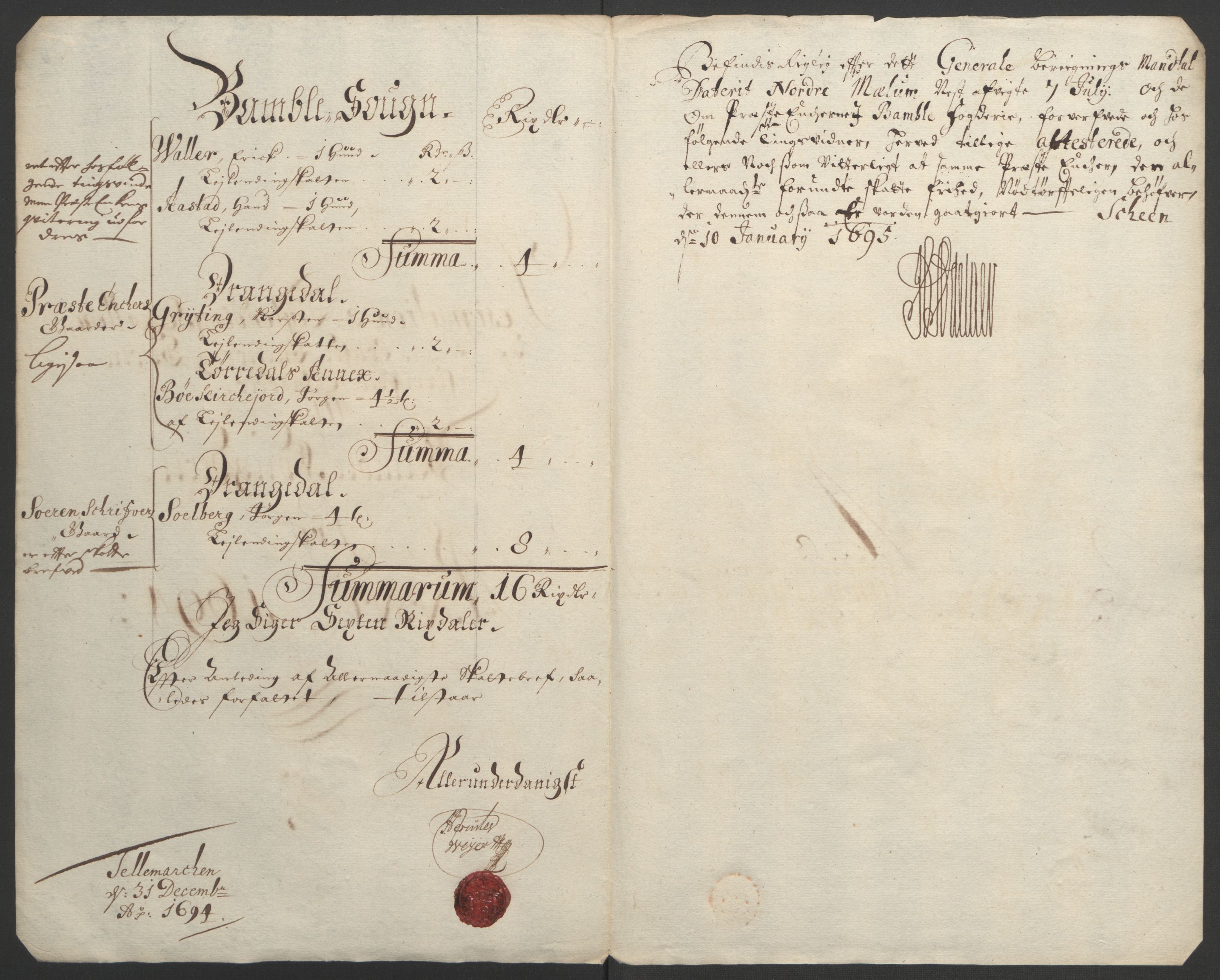 Rentekammeret inntil 1814, Reviderte regnskaper, Fogderegnskap, AV/RA-EA-4092/R36/L2092: Fogderegnskap Øvre og Nedre Telemark og Bamble, 1694, s. 240