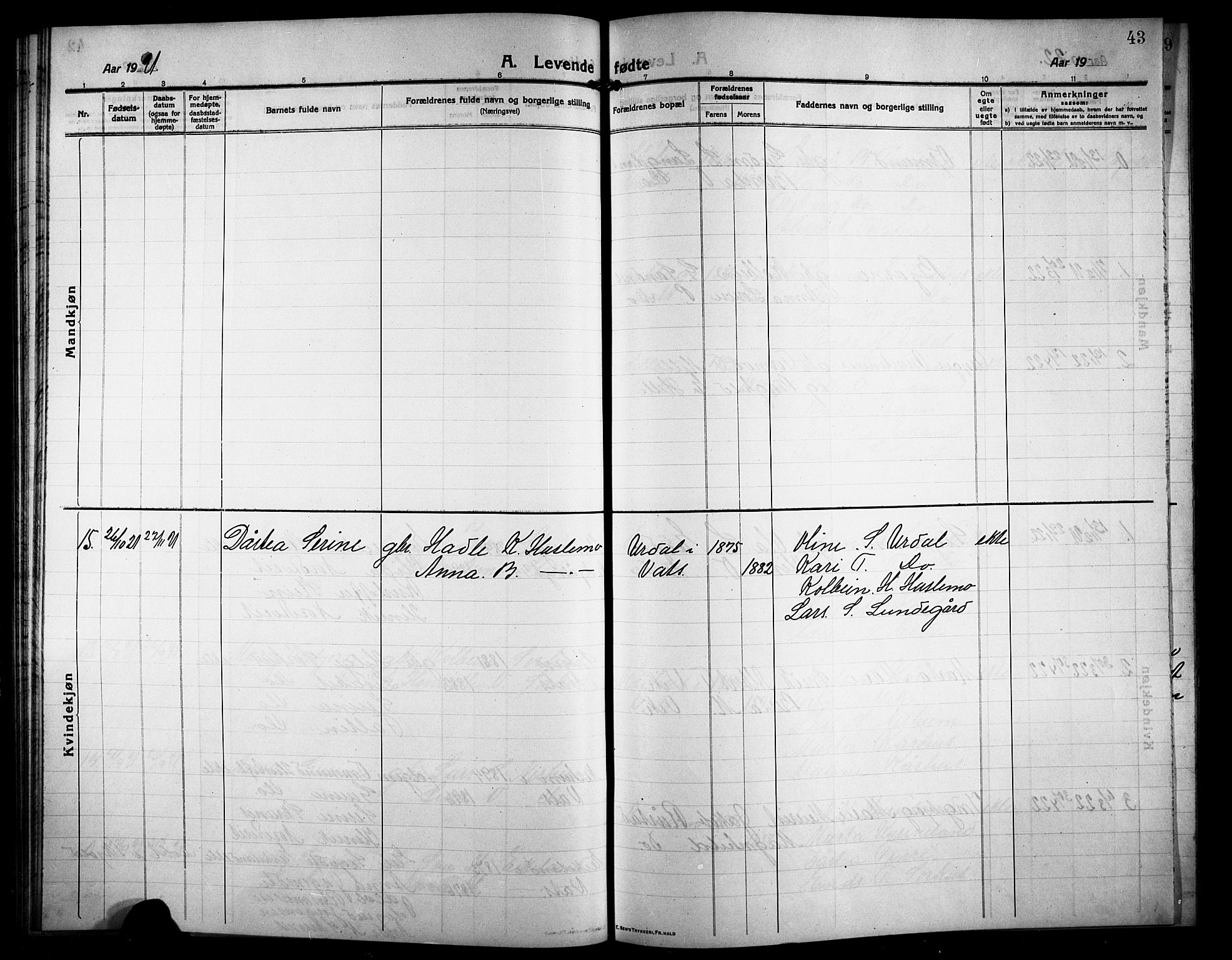 Skjold sokneprestkontor, AV/SAST-A-101847/H/Ha/Hab/L0009: Klokkerbok nr. B 9, 1914-1925, s. 43