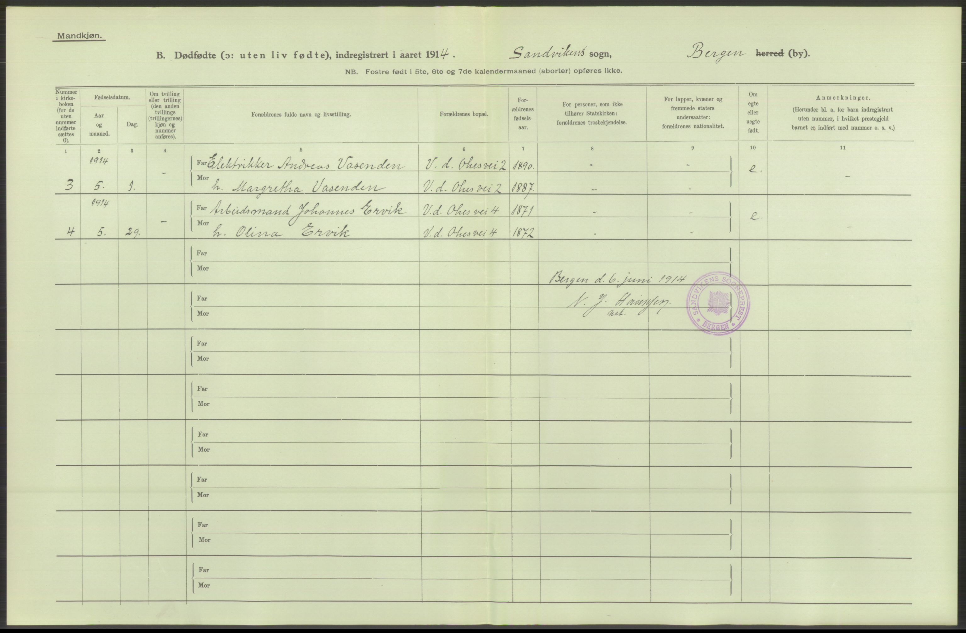 Statistisk sentralbyrå, Sosiodemografiske emner, Befolkning, AV/RA-S-2228/D/Df/Dfb/Dfbd/L0031: Bergen: Gifte, døde, dødfødte., 1914, s. 380