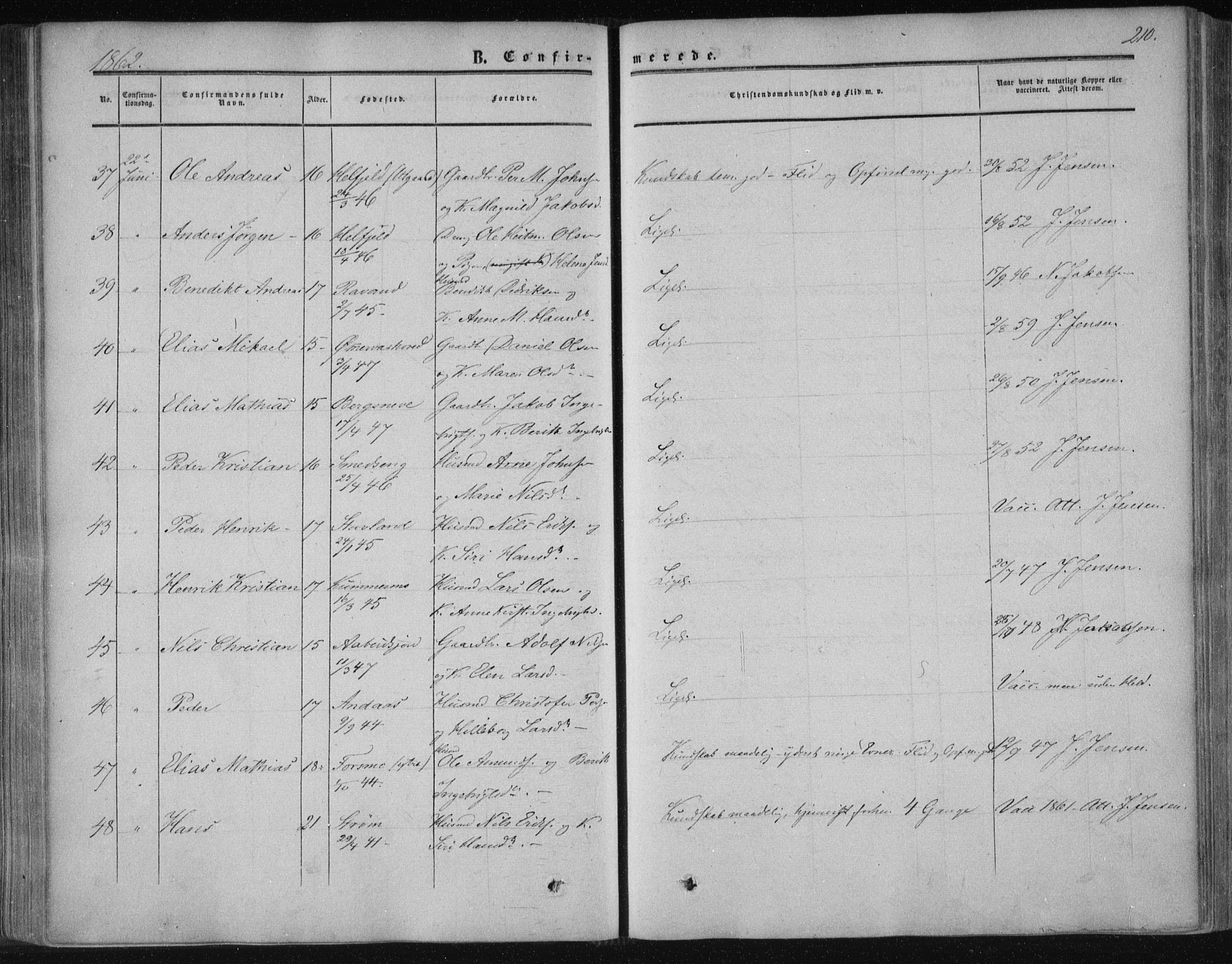 Ministerialprotokoller, klokkerbøker og fødselsregistre - Nordland, SAT/A-1459/820/L0293: Ministerialbok nr. 820A14, 1855-1865, s. 210